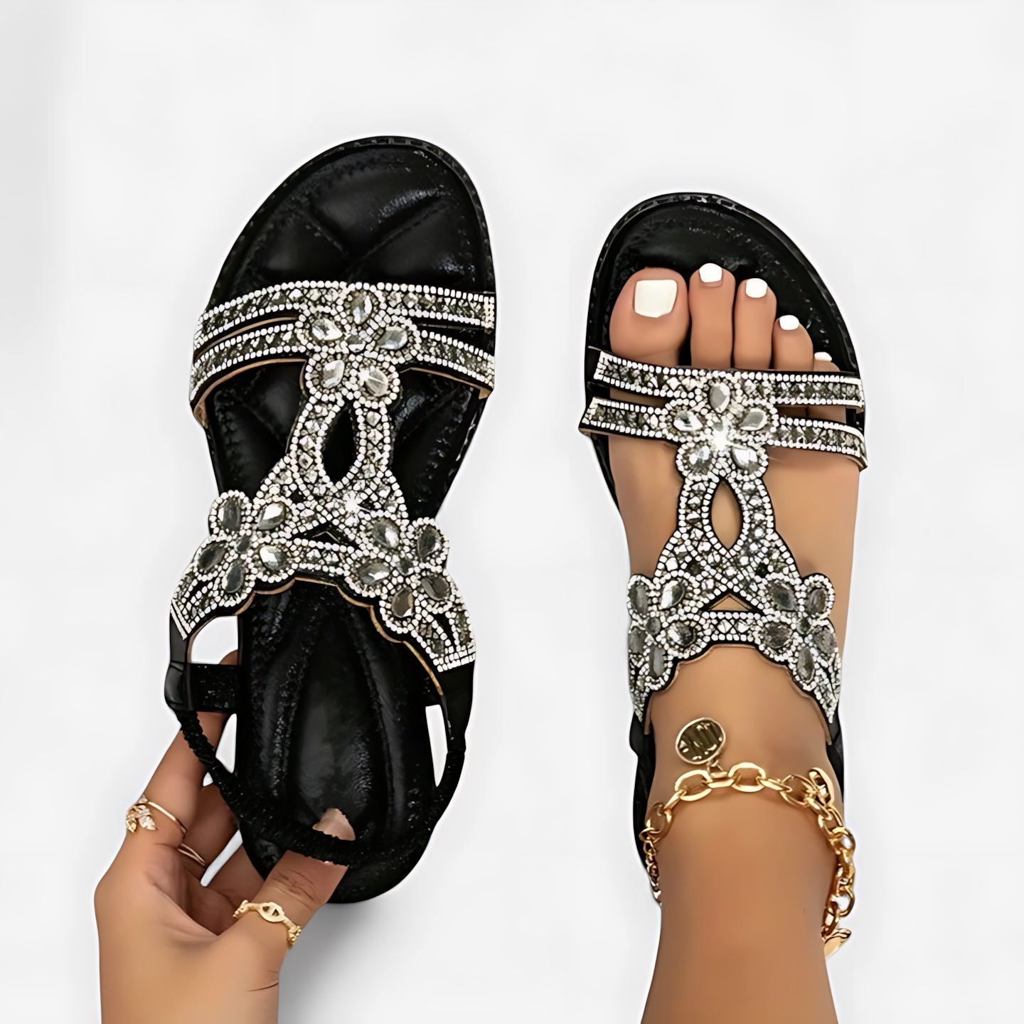 Fiona – Boho Beaded Ankle Strap Flat Sandals