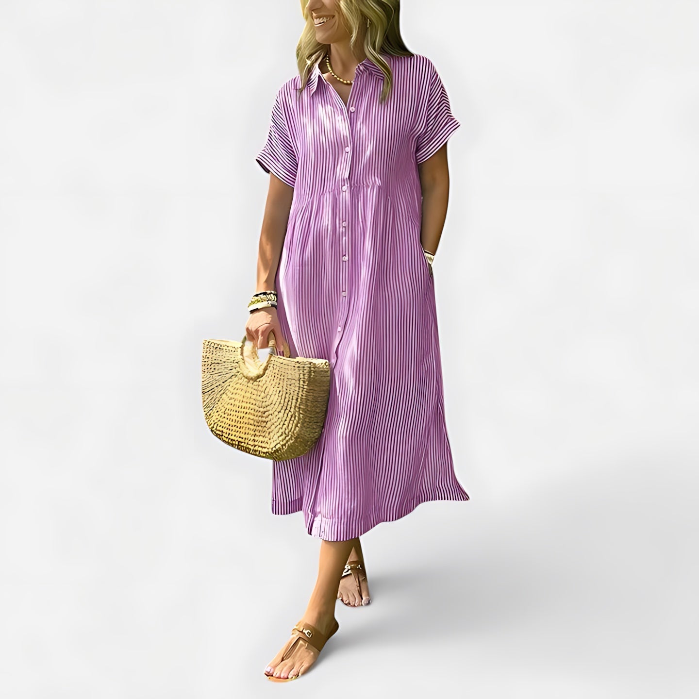 Fiona – Collared Short Sleeve Midi Shirt Dress