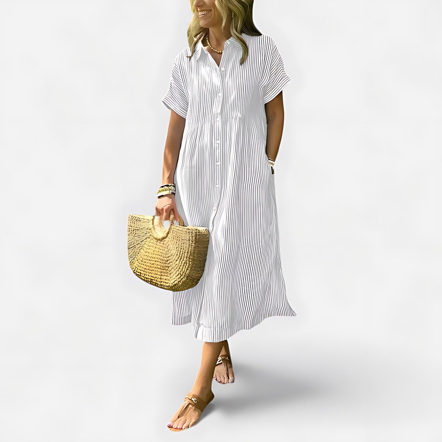 Fiona – Collared Short Sleeve Midi Shirt Dress