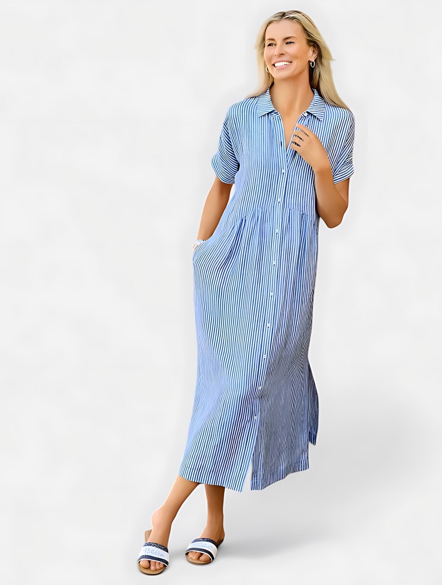 Fiona – Collared Short Sleeve Midi Shirt Dress