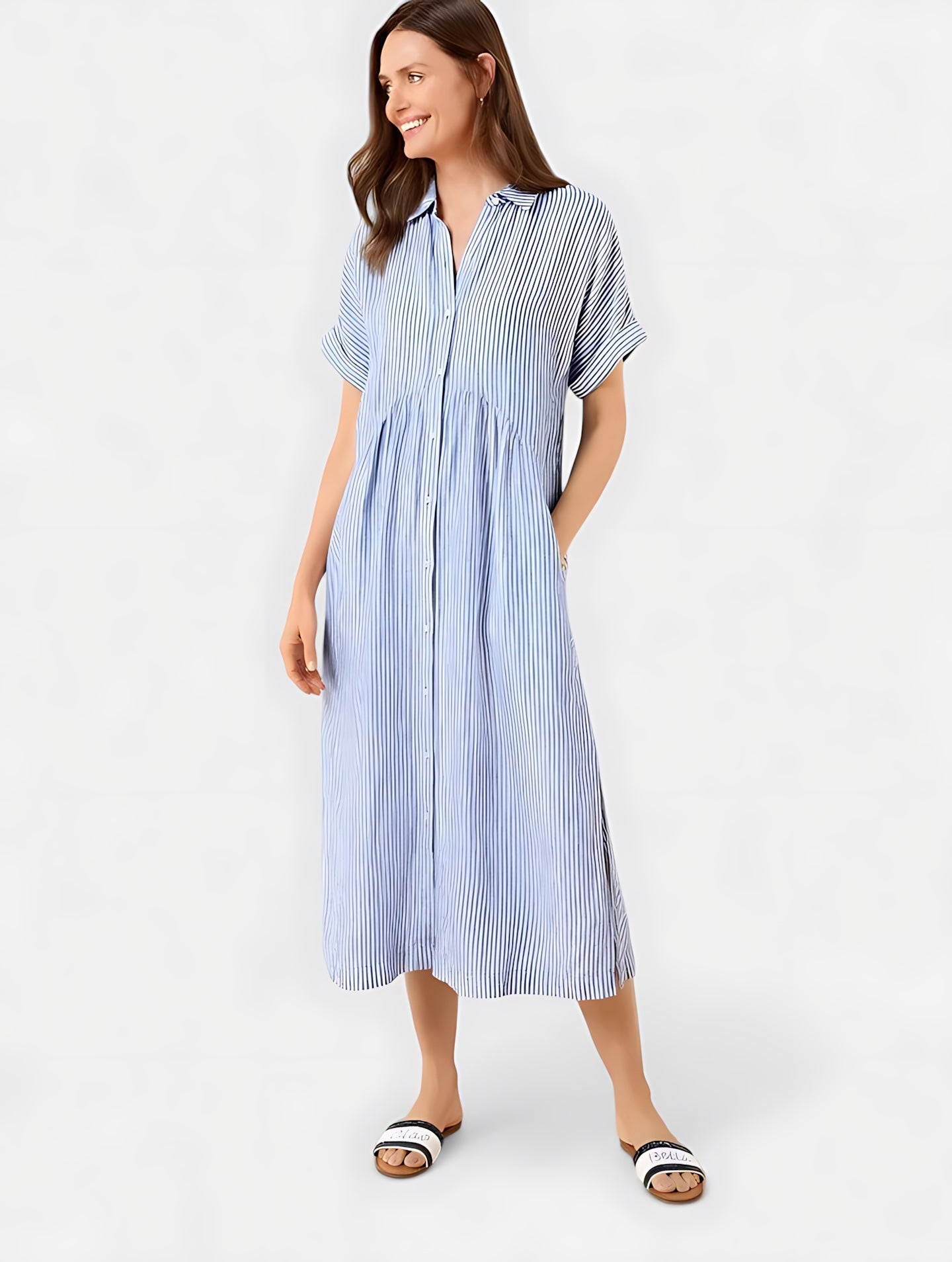Fiona – Collared Short Sleeve Midi Shirt Dress