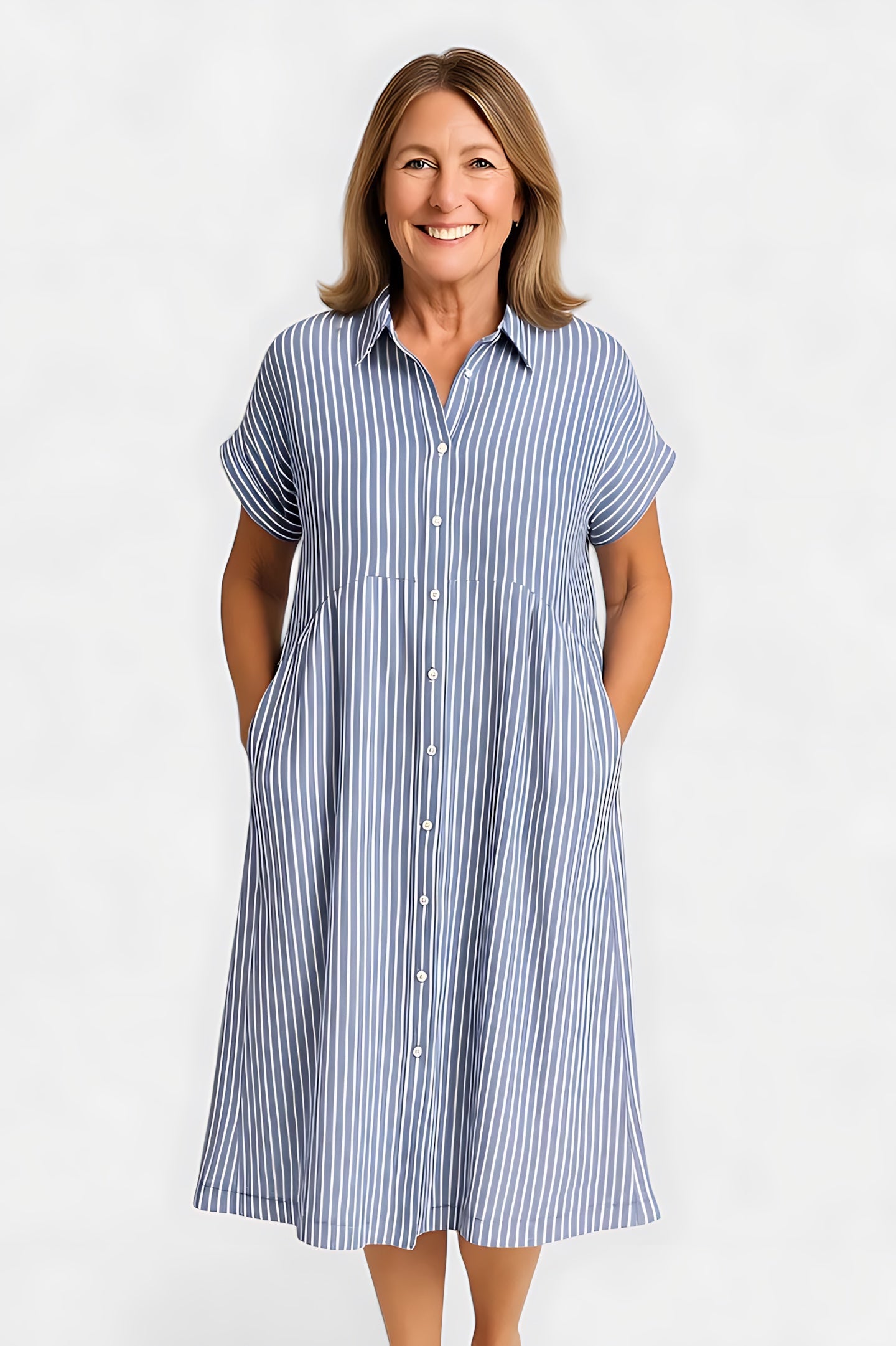 Fiona – Collared Short Sleeve Midi Shirt Dress