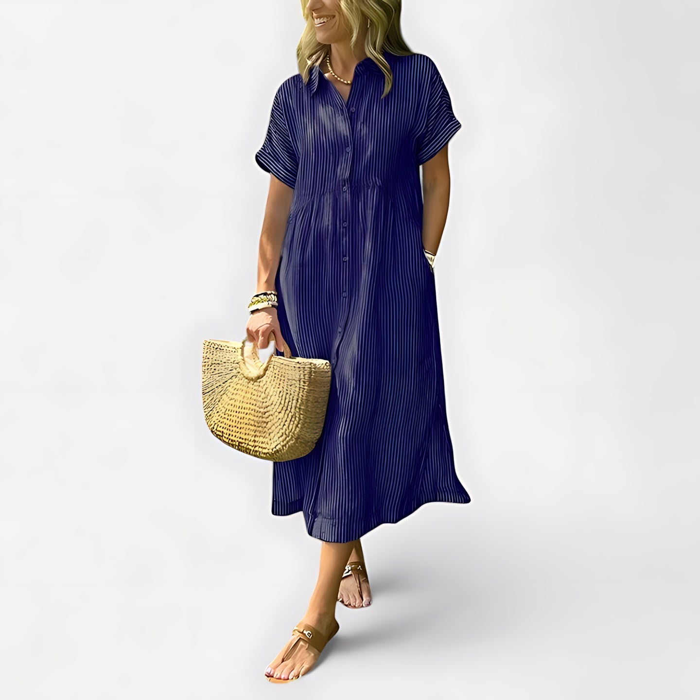 Fiona – Collared Short Sleeve Midi Shirt Dress