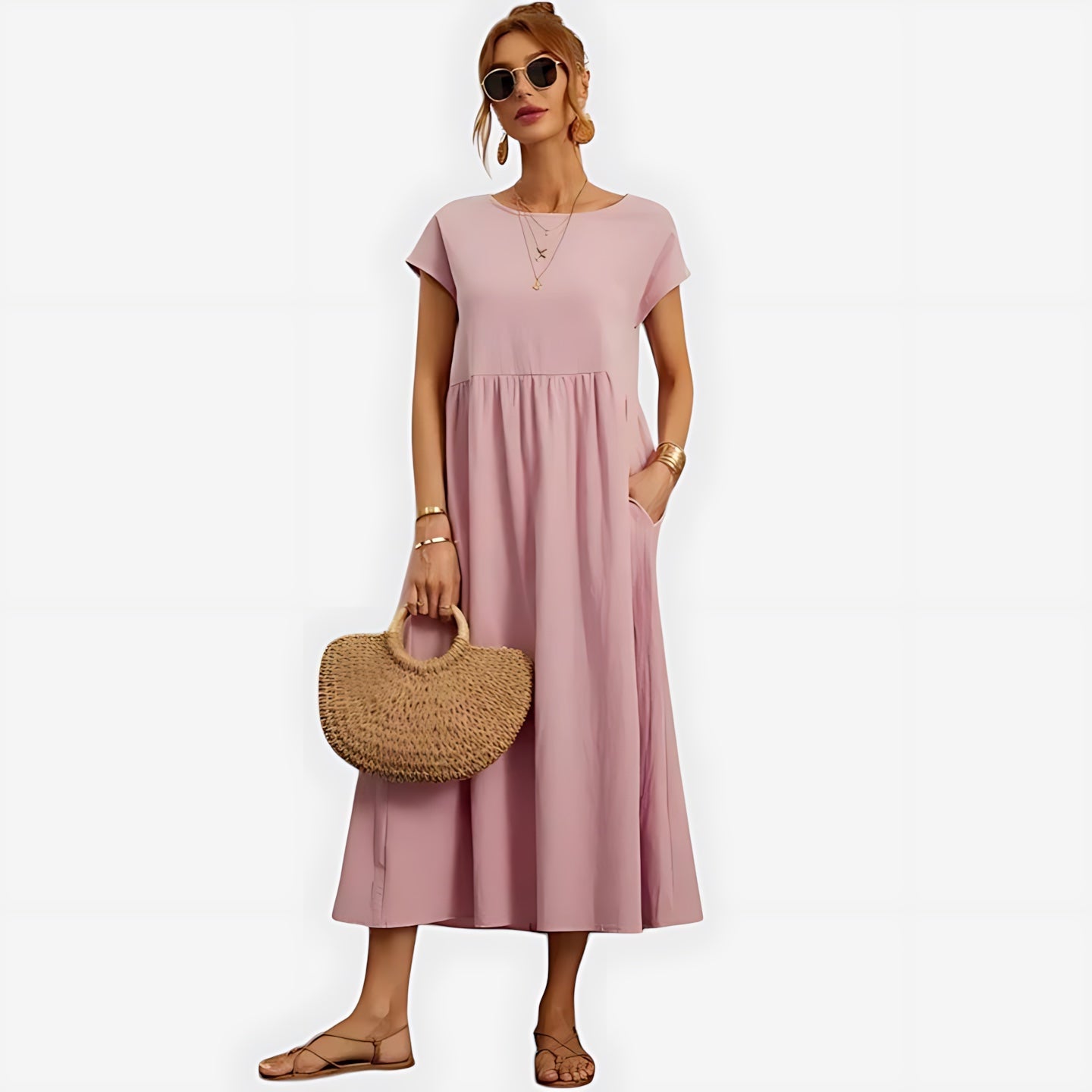 Fiona – Crew Neck A Line Summer Midi Dress
