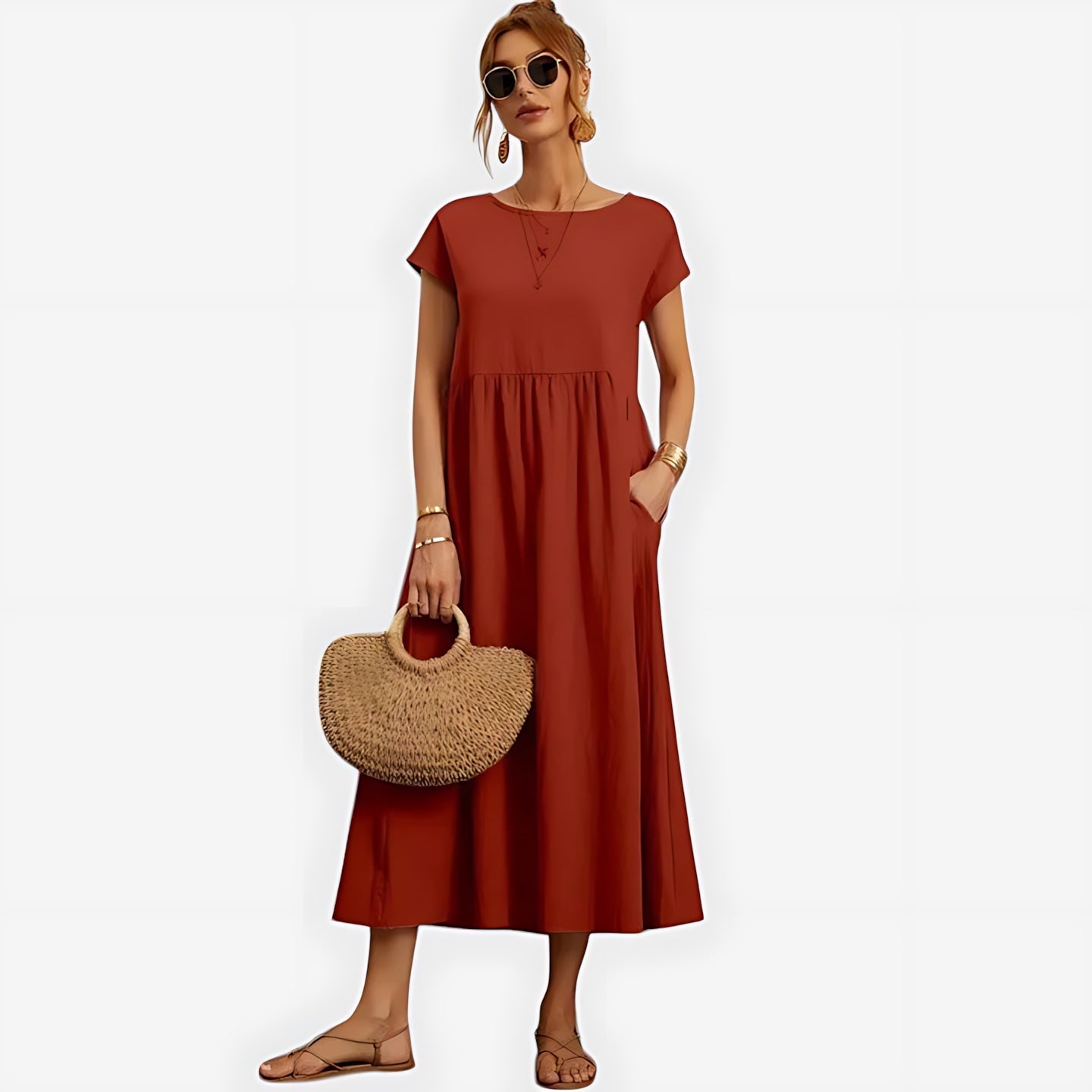 Fiona – Crew Neck A Line Summer Midi Dress