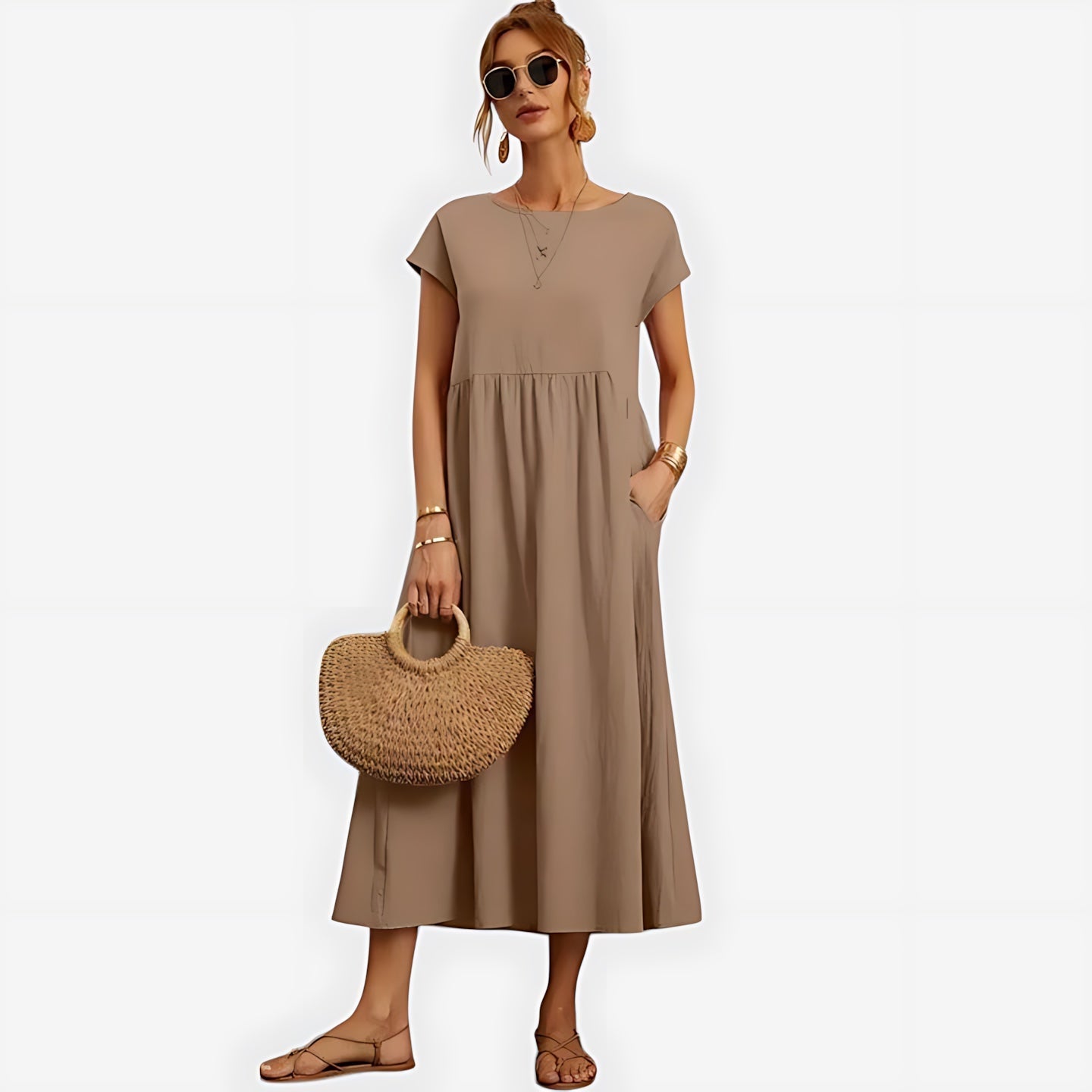 Fiona – Crew Neck A Line Summer Midi Dress