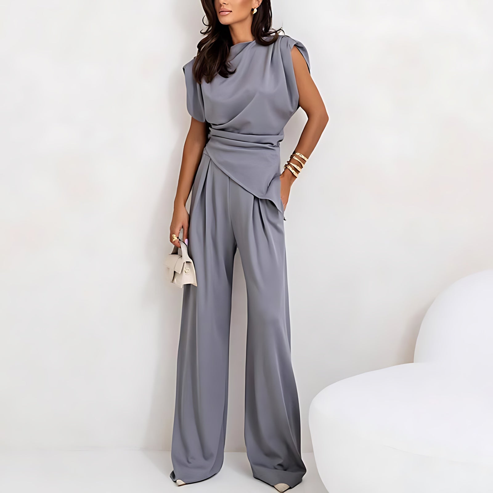 Fiona – Mock Neck Top and Pleated Wide Leg Pants Set