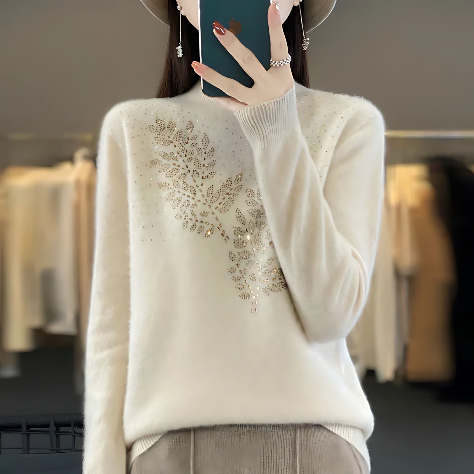 Frances – Embellished Mock Neck Knit Sweater