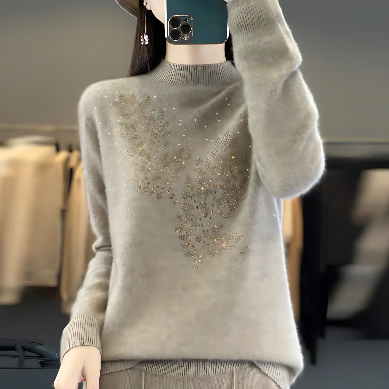 Frances – Embellished Mock Neck Knit Sweater