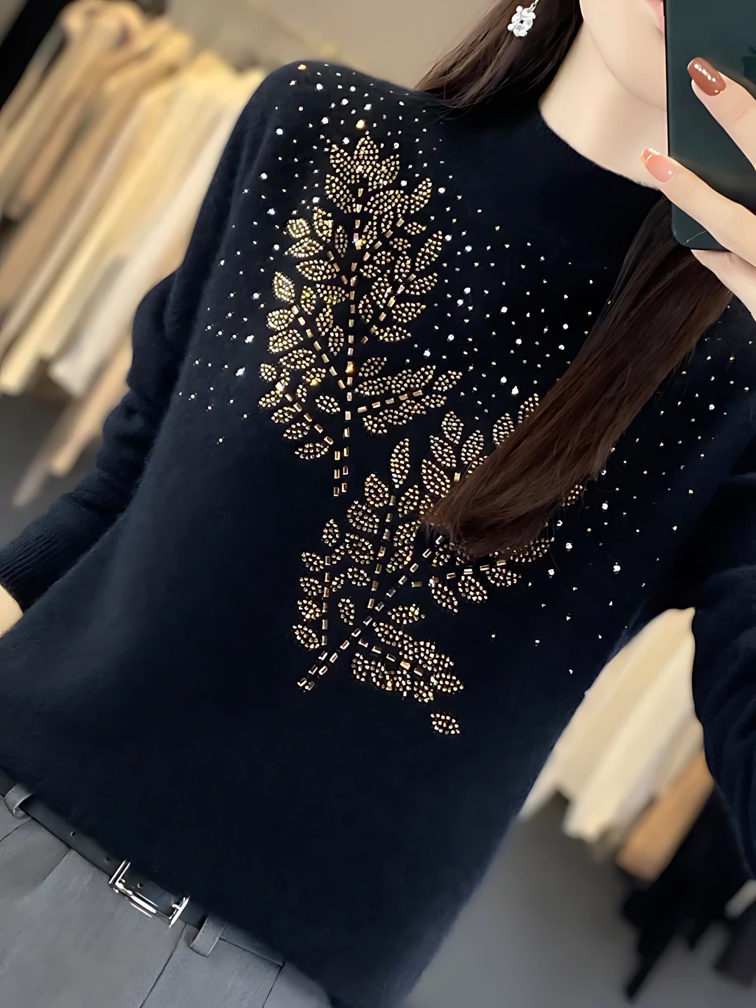 Frances – Embellished Mock Neck Knit Sweater