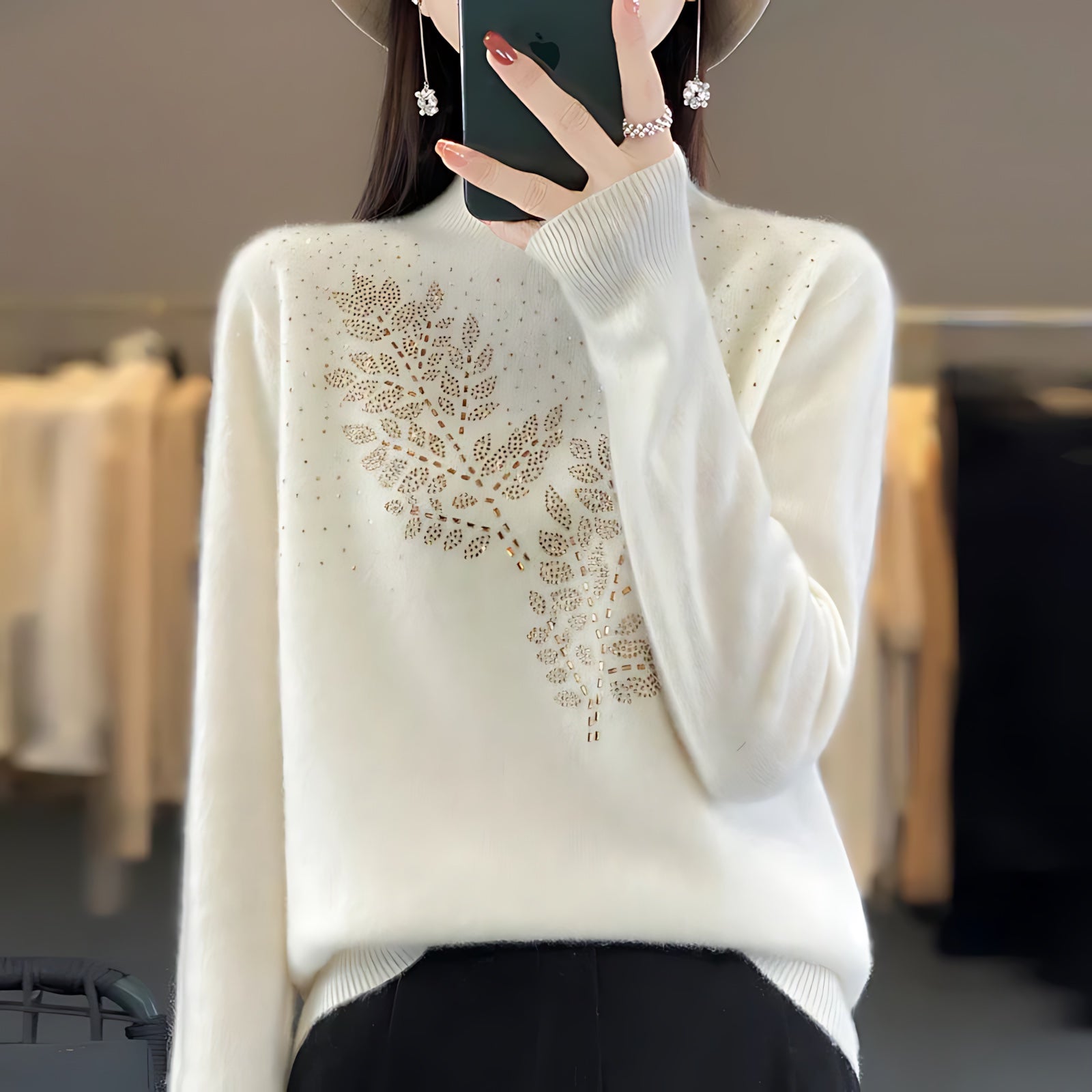 Frances – Embellished Mock Neck Knit Sweater