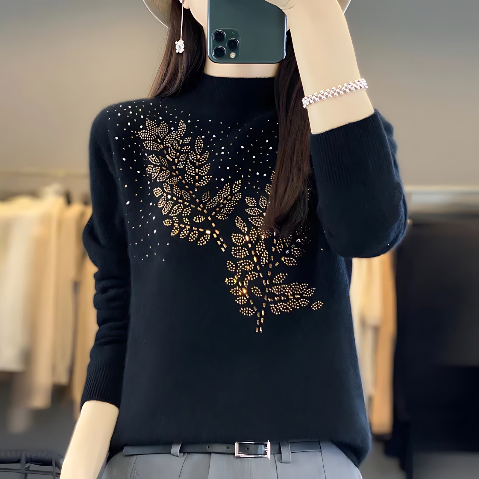 Frances – Embellished Mock Neck Knit Sweater
