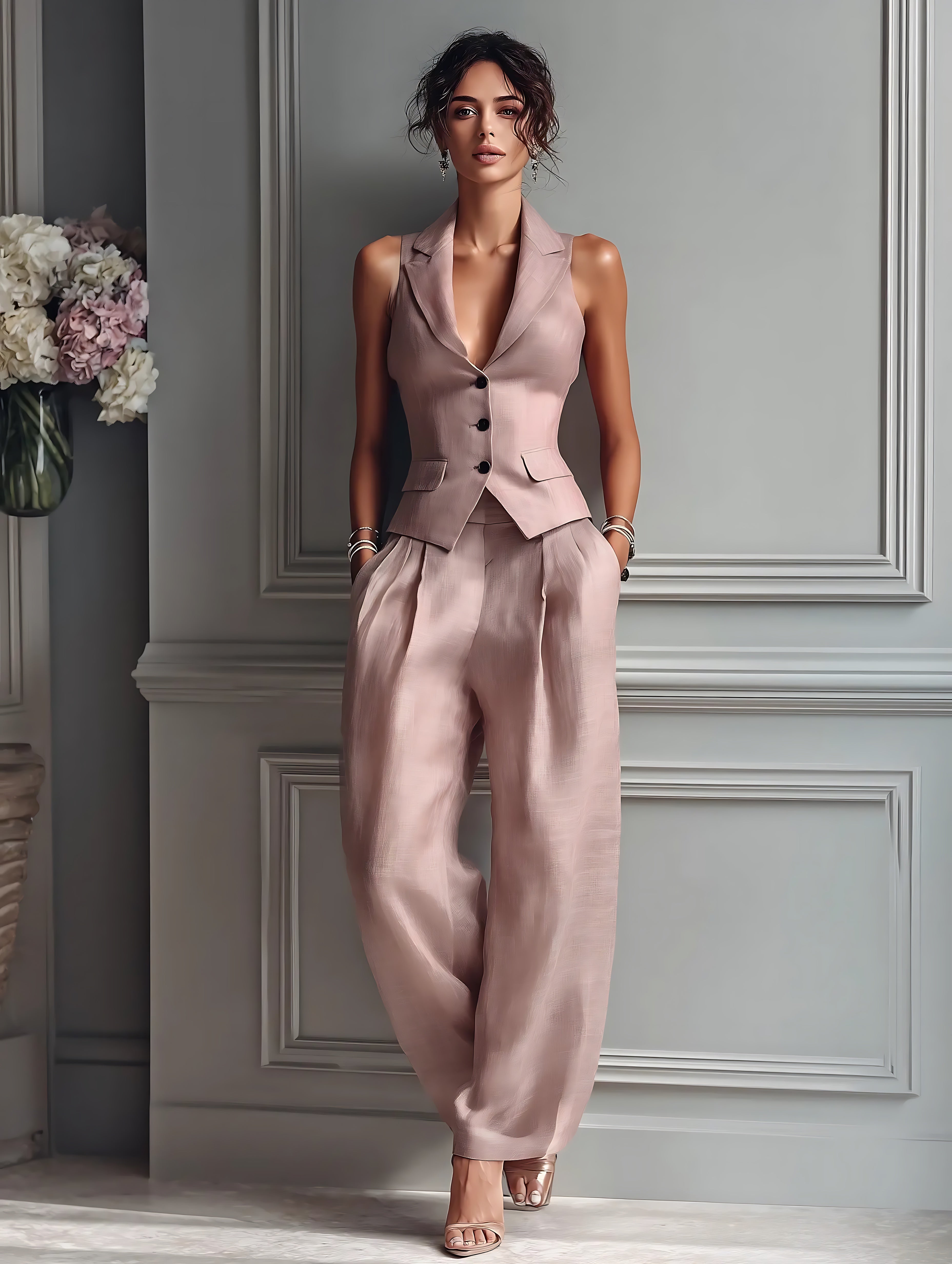 Frances – Lapel Vest and Wide Leg Pants Set