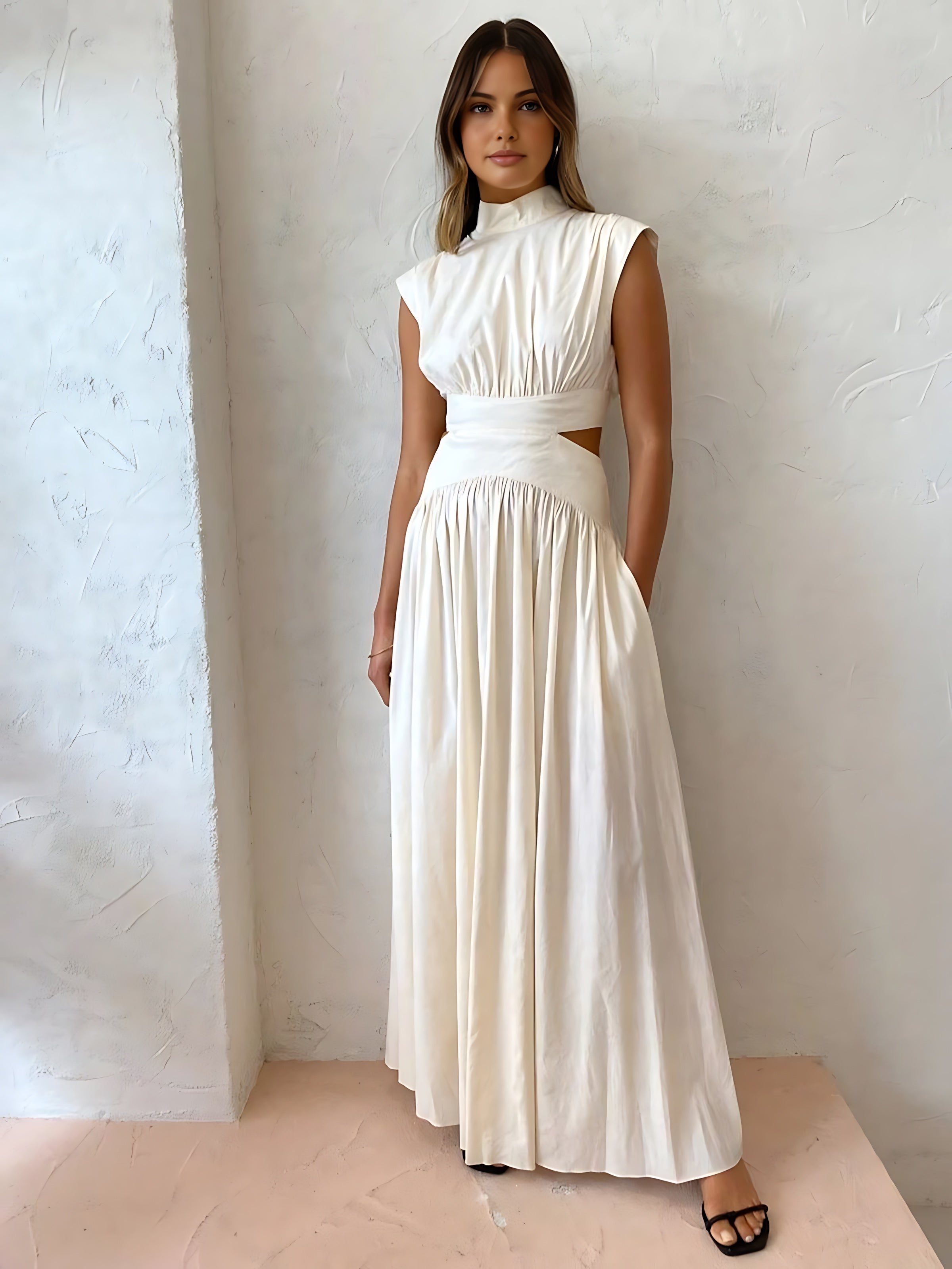 Frances – Mock Neck Cutout Pleated Evening Maxi Dress