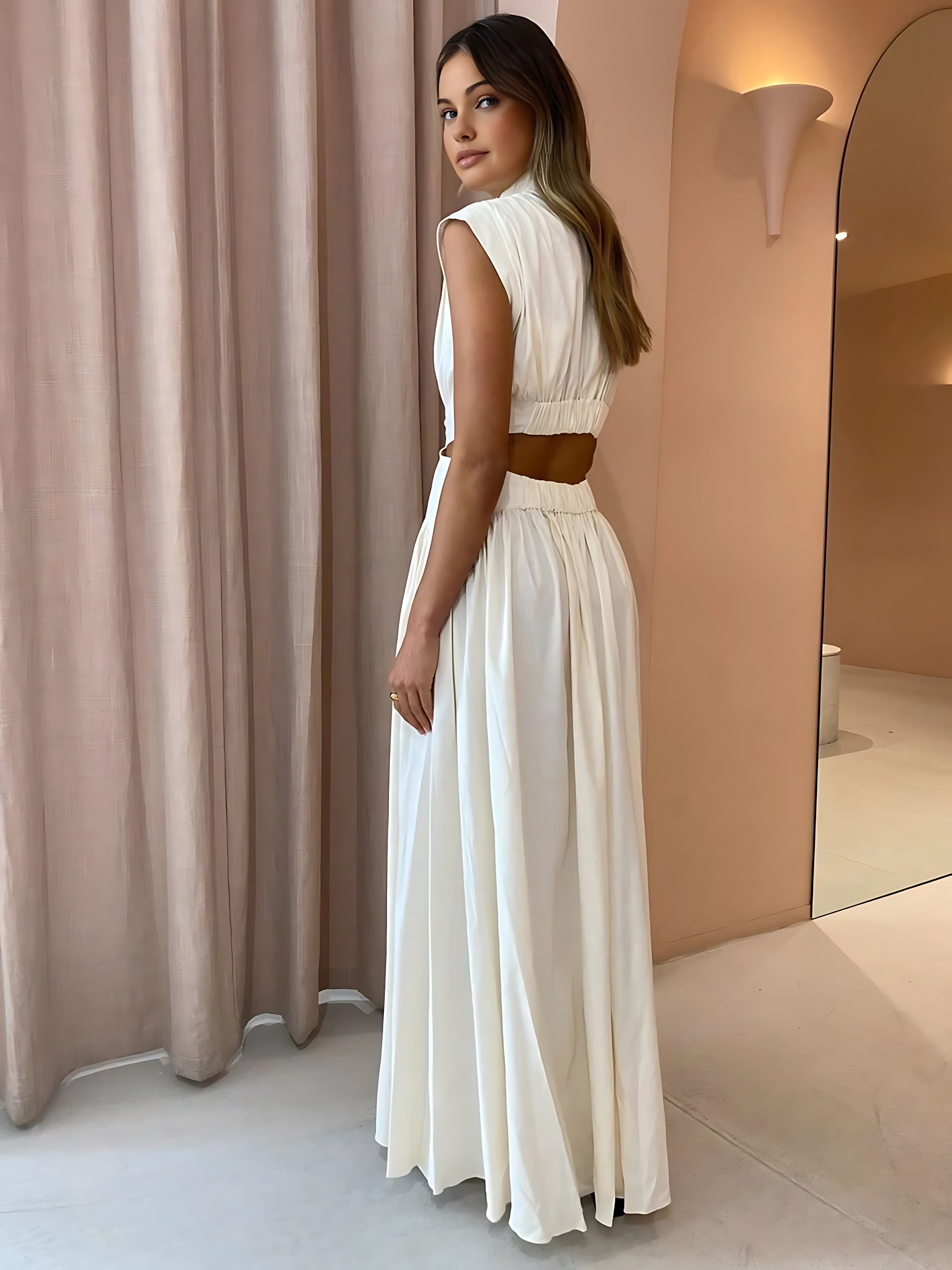 Frances – Mock Neck Cutout Pleated Evening Maxi Dress