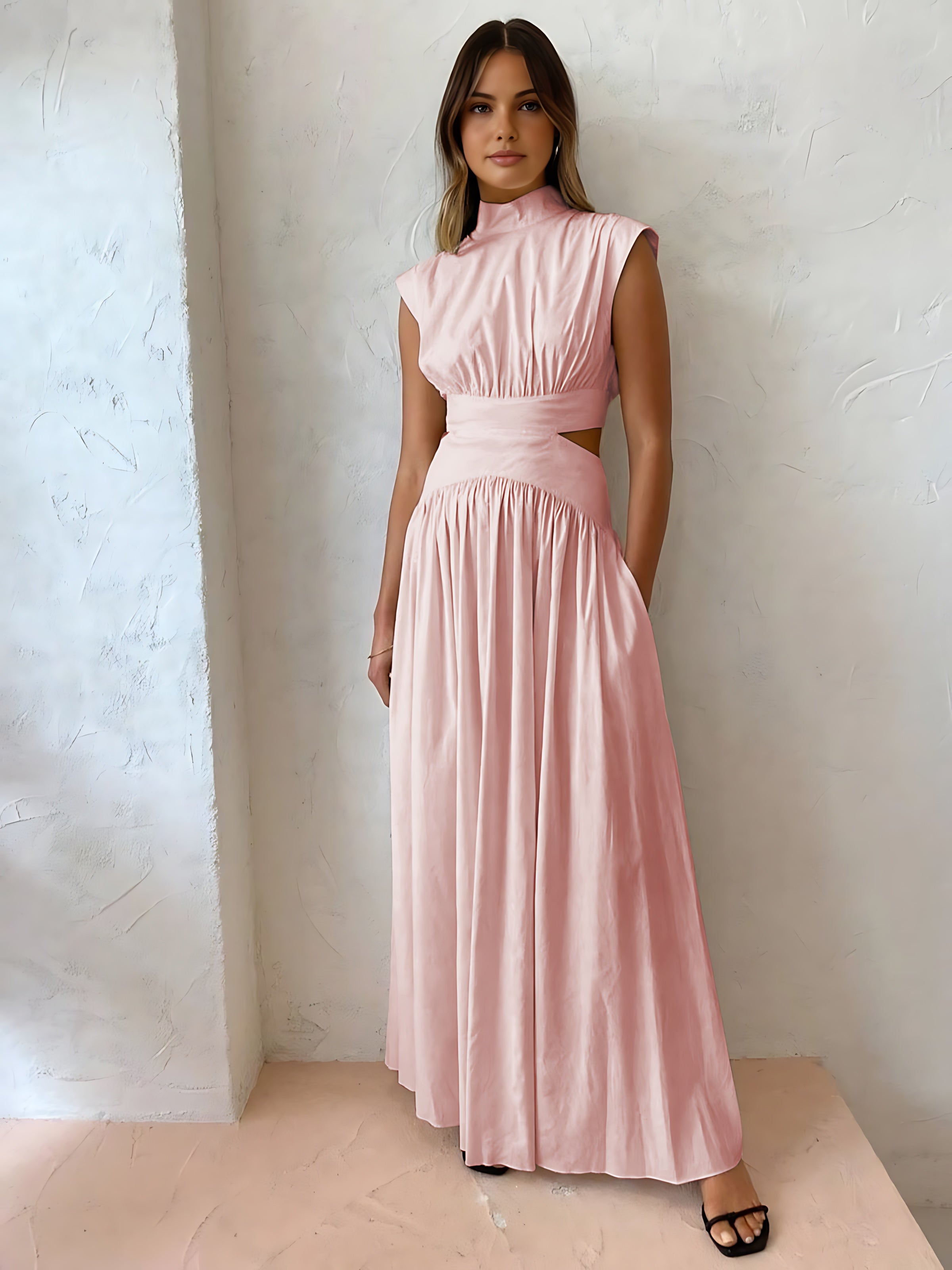 Frances – Mock Neck Cutout Pleated Evening Maxi Dress