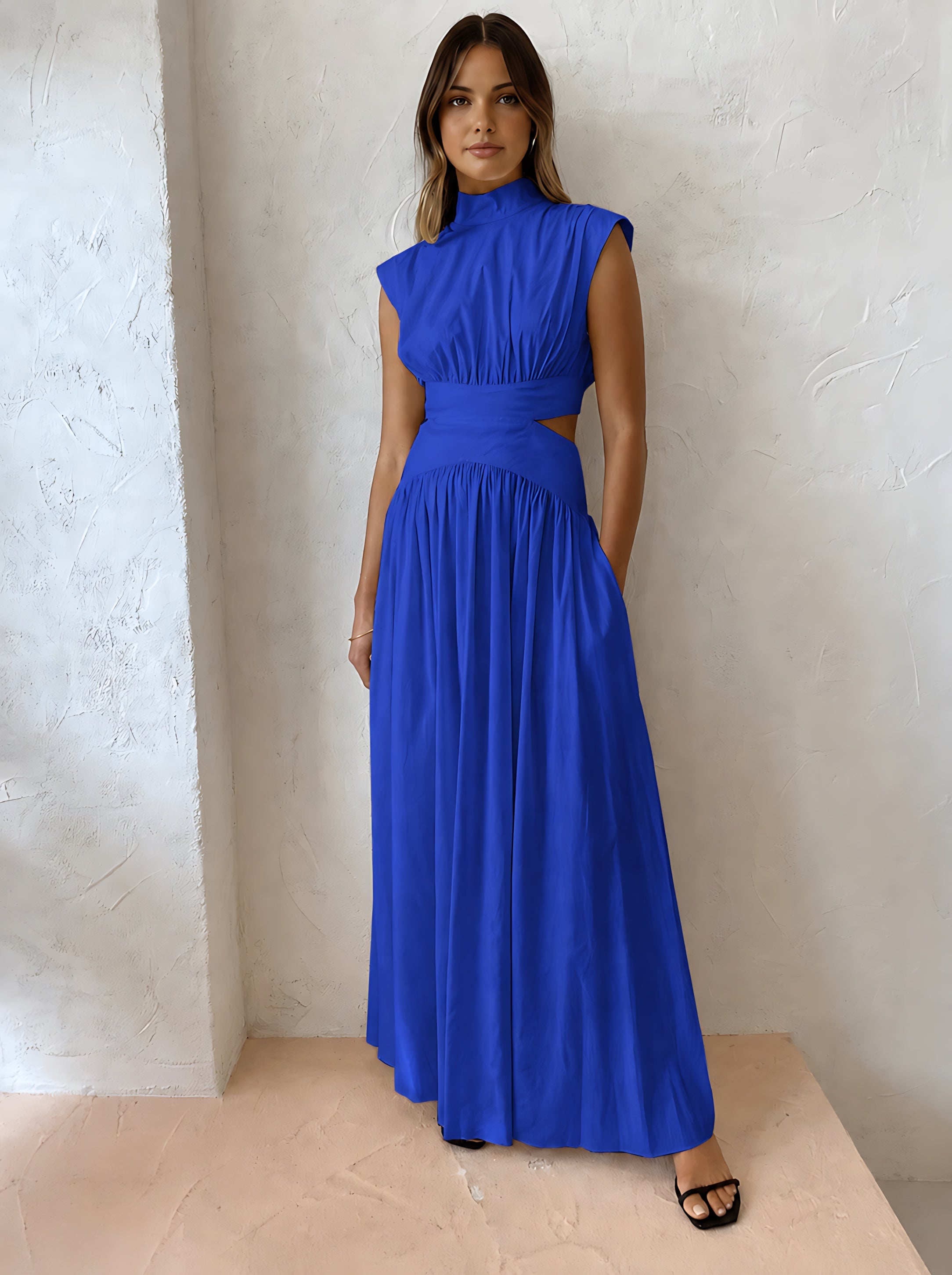 Frances – Mock Neck Cutout Pleated Evening Maxi Dress