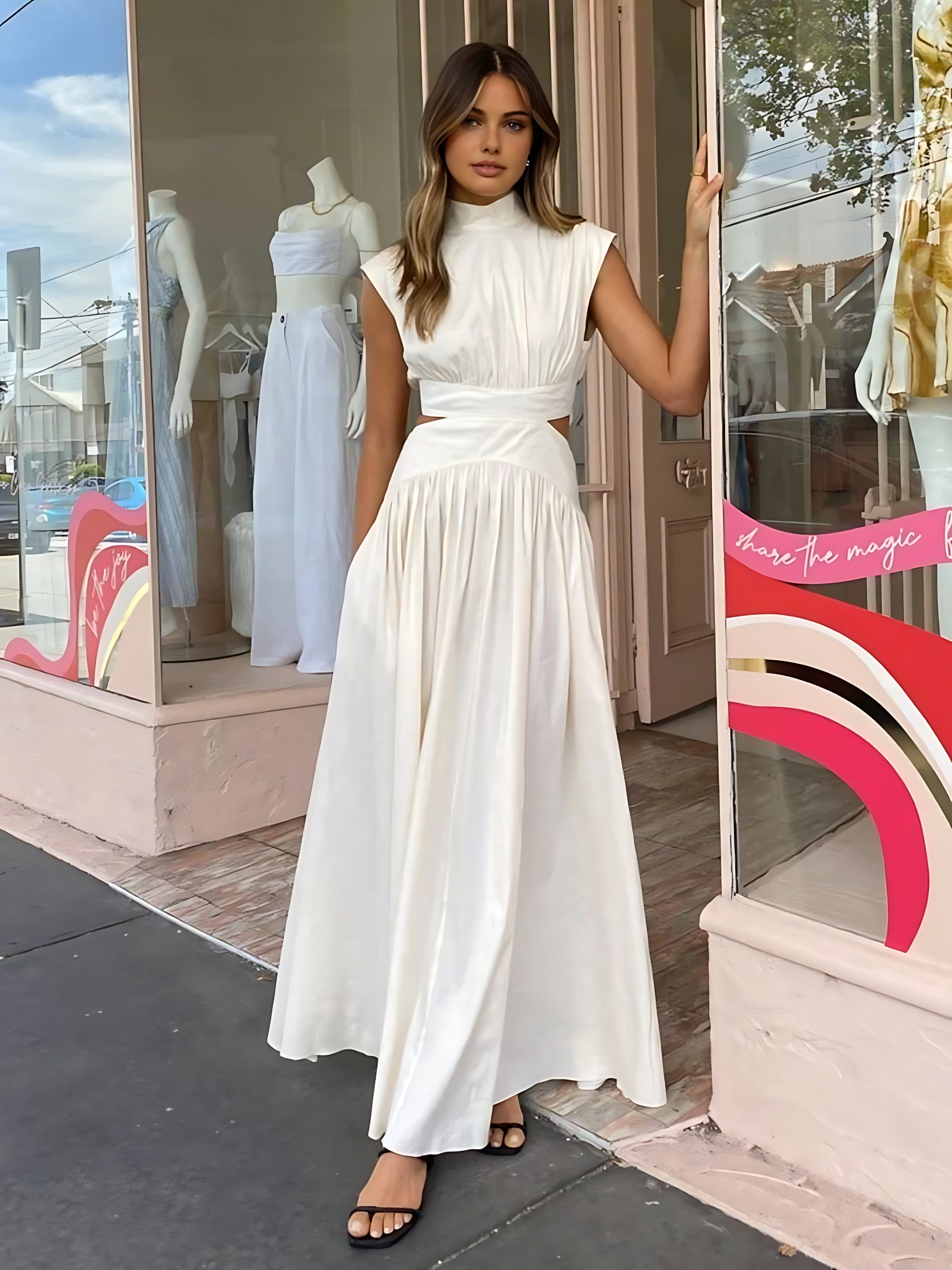 Frances – Mock Neck Cutout Pleated Evening Maxi Dress