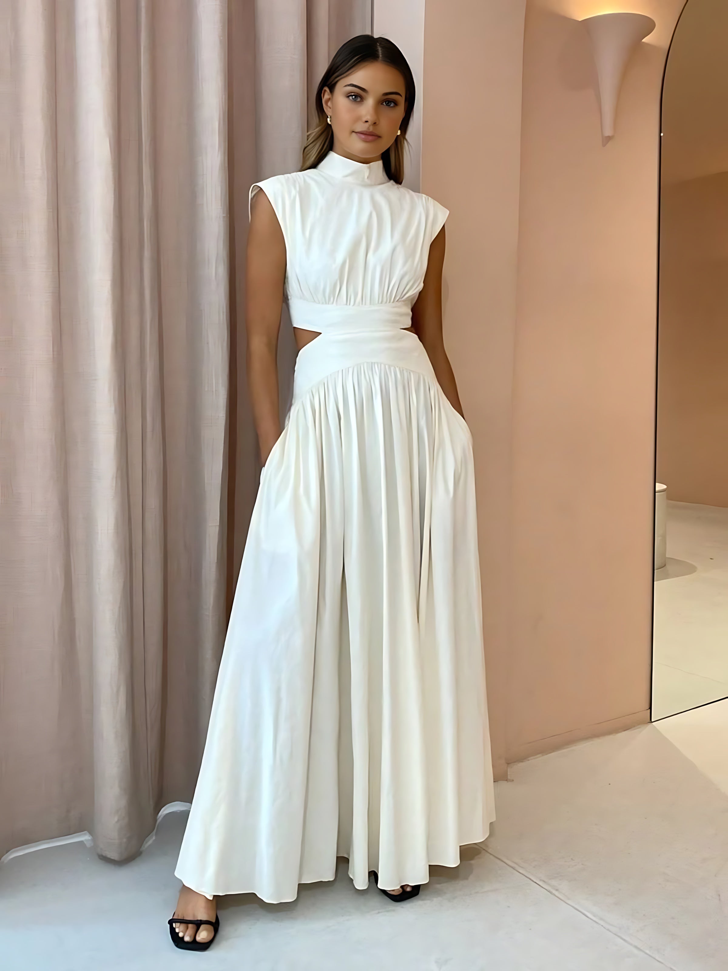 Frances – Mock Neck Cutout Pleated Evening Maxi Dress
