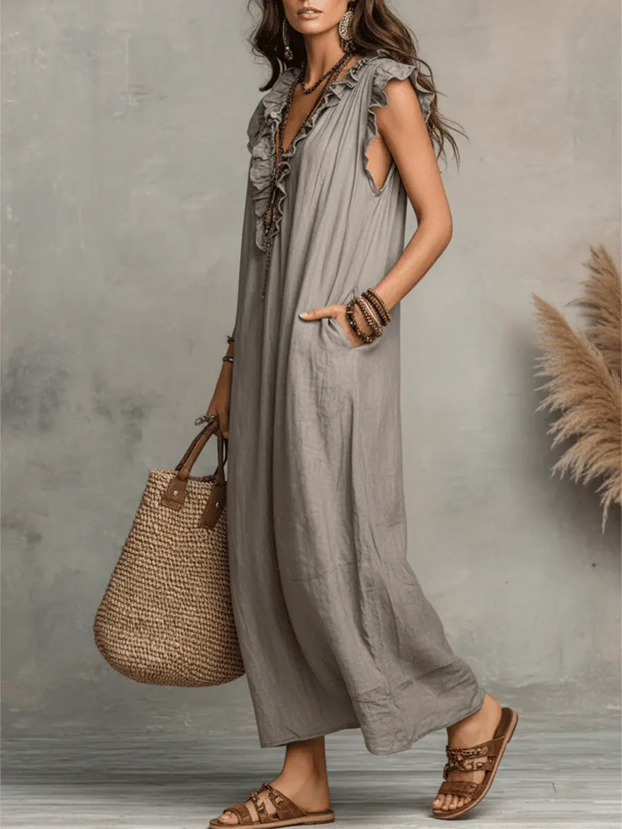 Journee – Ruffle V Neck Flowy Summer Maxi Dress