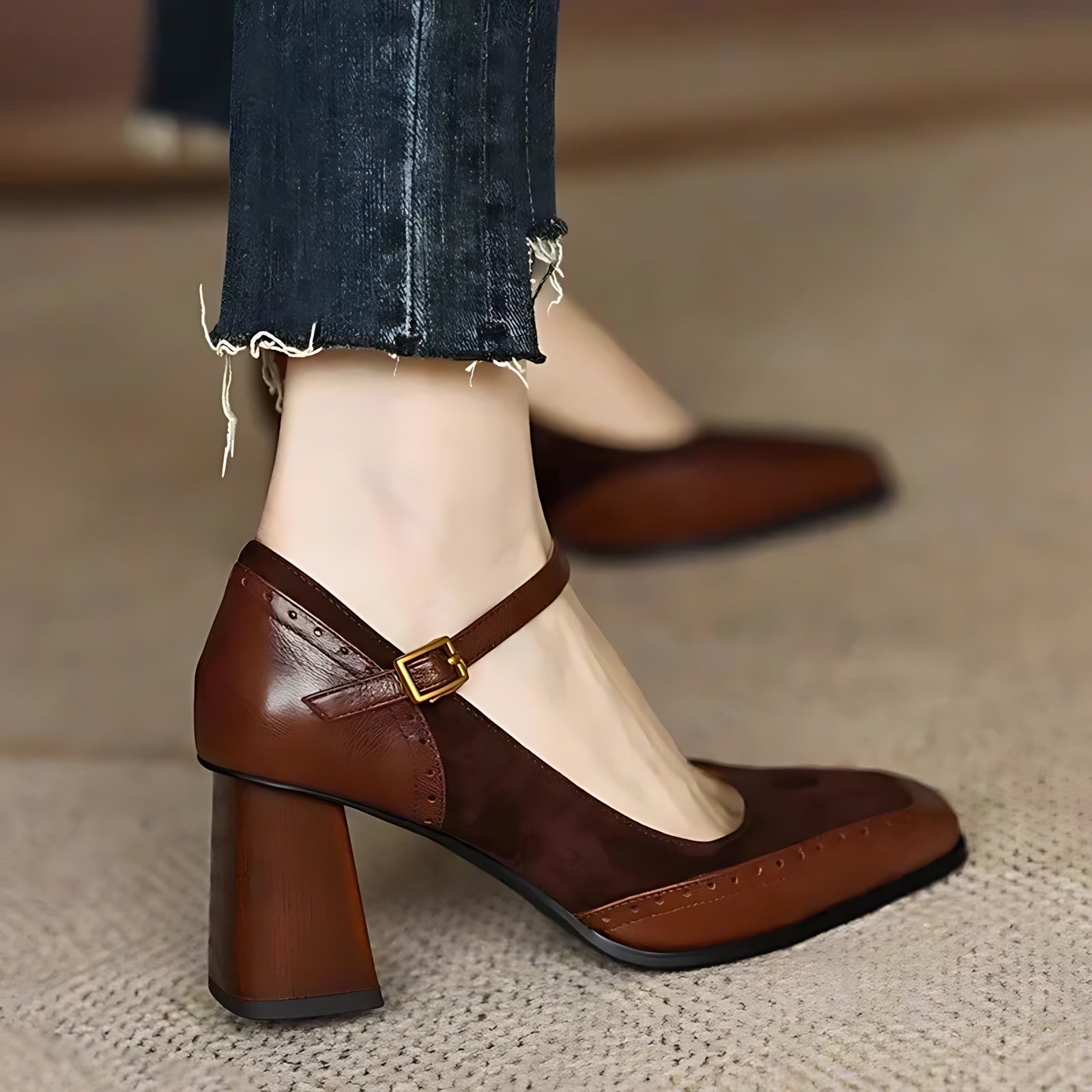 Freya – Brogue Mary Jane Block Heel Pumps