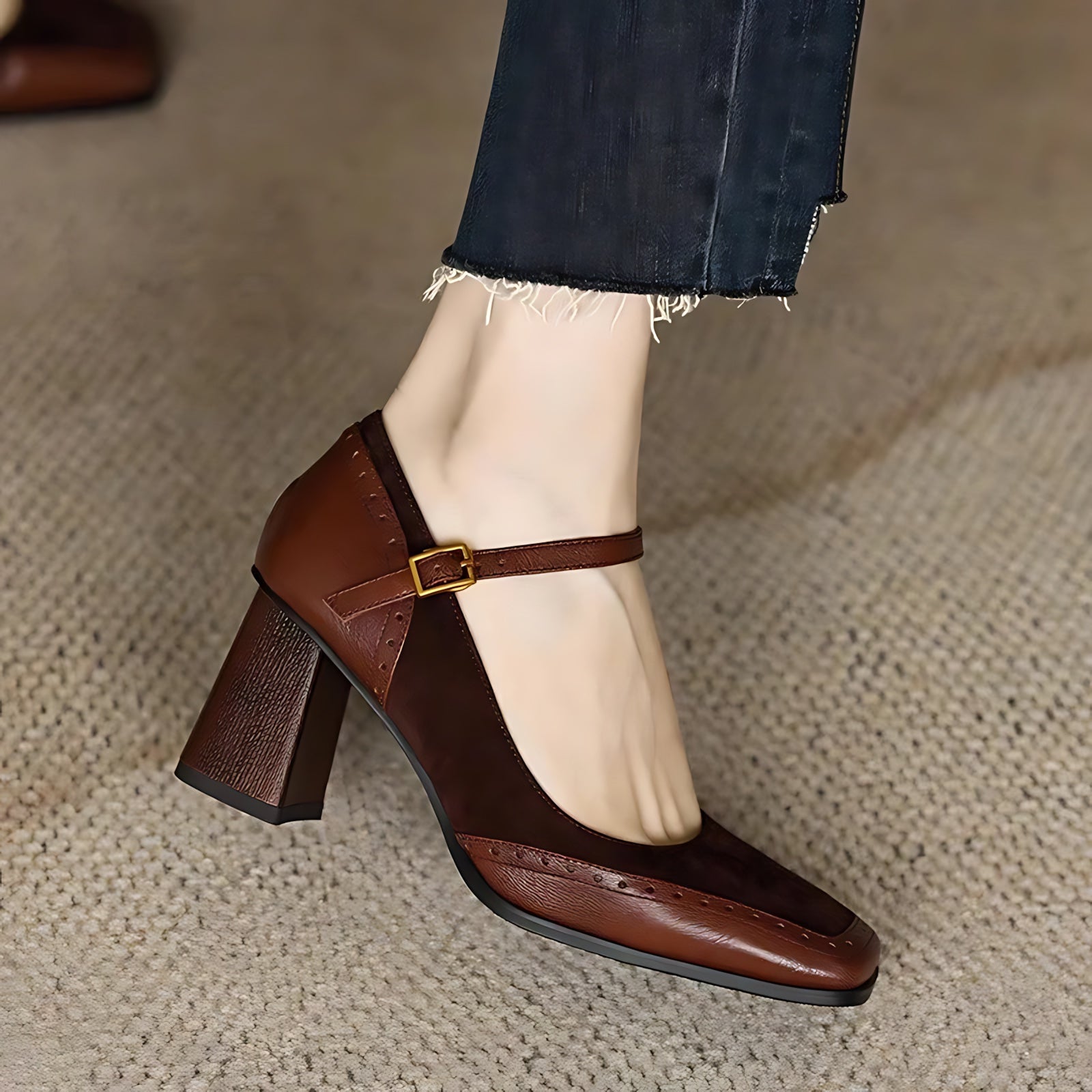 Freya – Brogue Mary Jane Block Heel Pumps