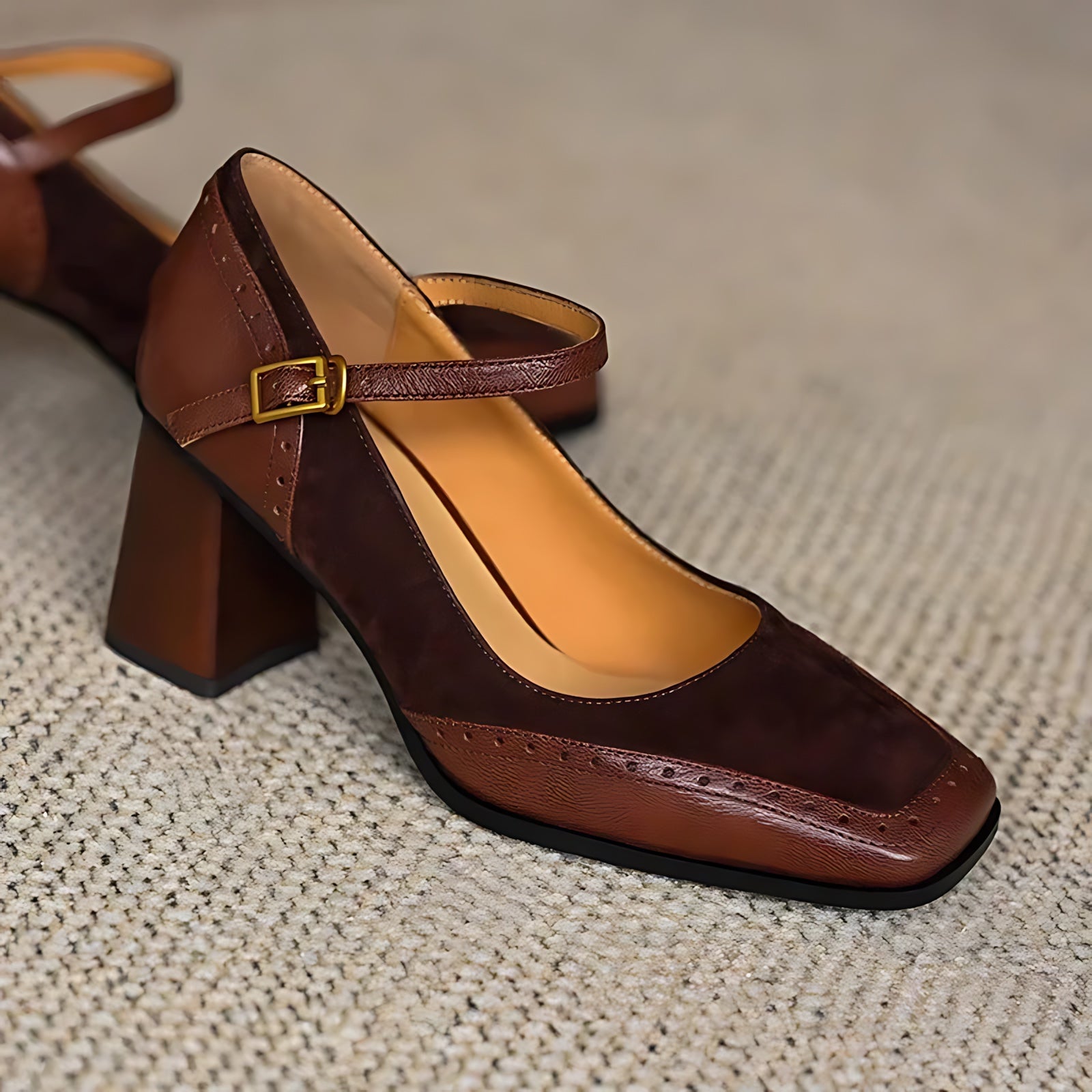 Freya – Brogue Mary Jane Block Heel Pumps
