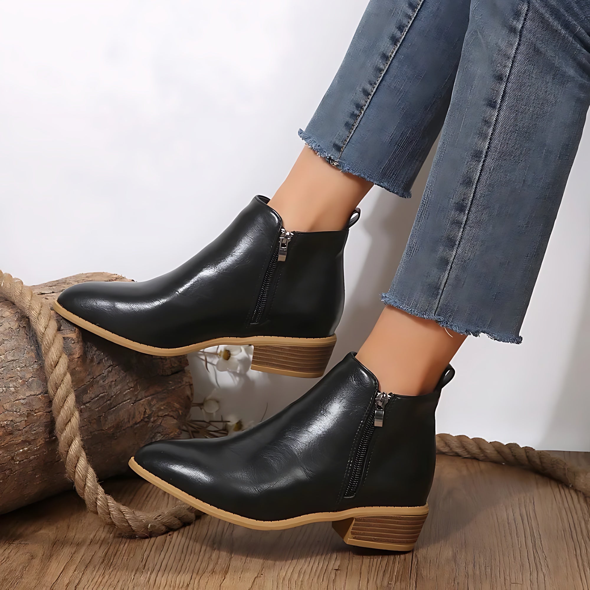 Freya – Leather Block Heel Ankle Boots