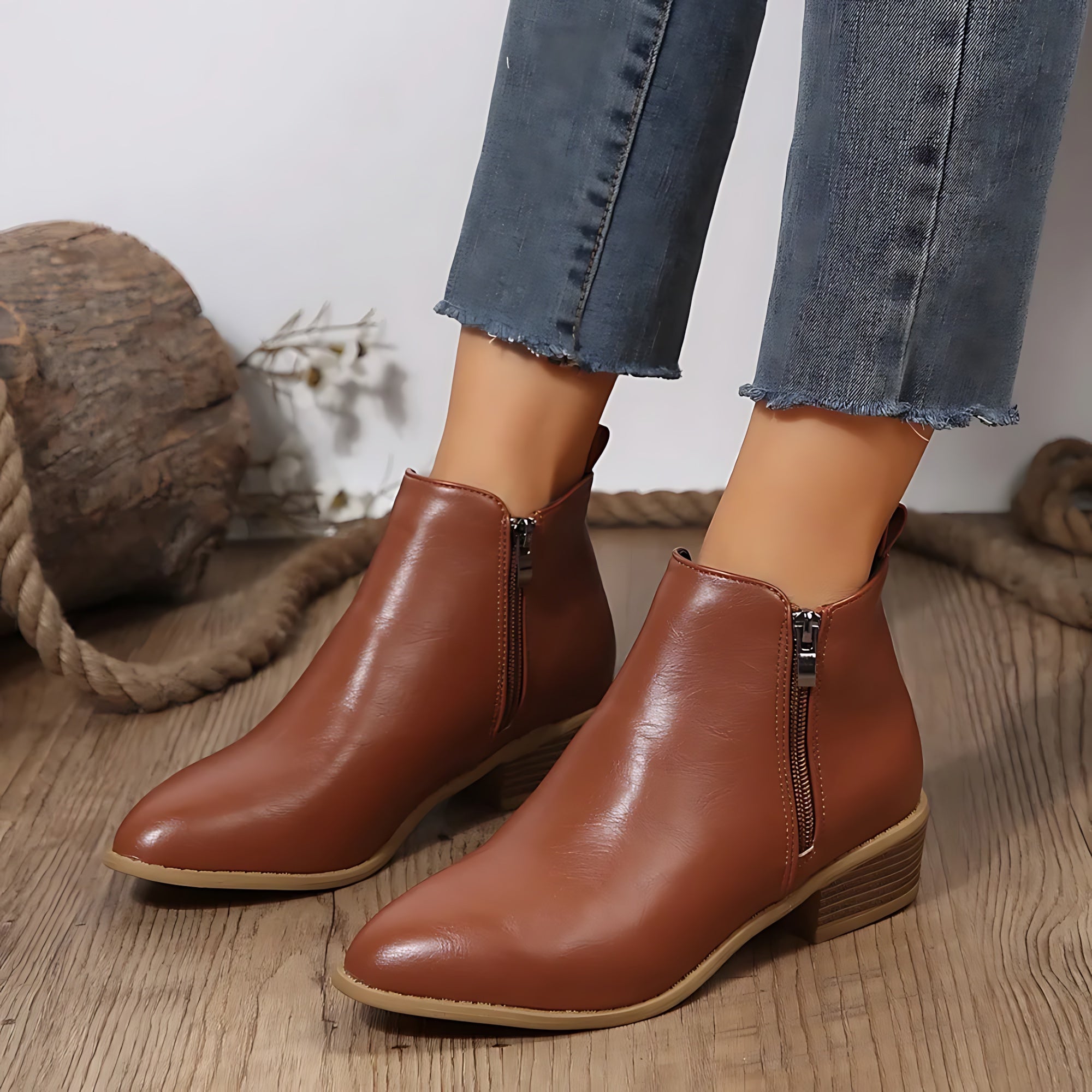 Freya – Leather Block Heel Ankle Boots