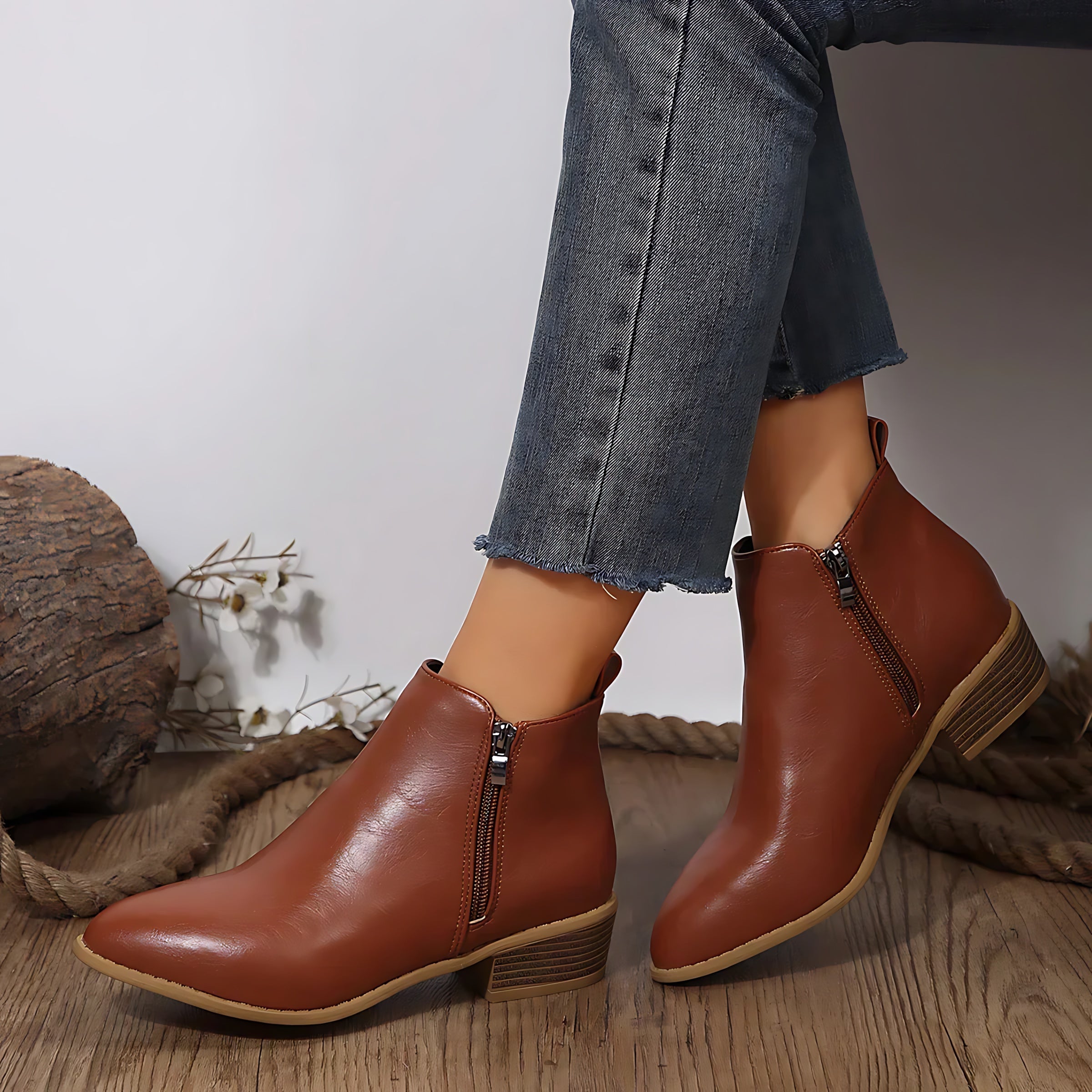 Freya – Leather Block Heel Ankle Boots