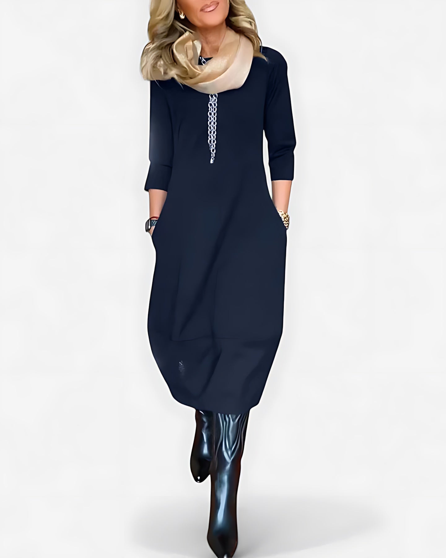 Gabriella – Round Neck 3/4 Sleeve Shift Midi Dress