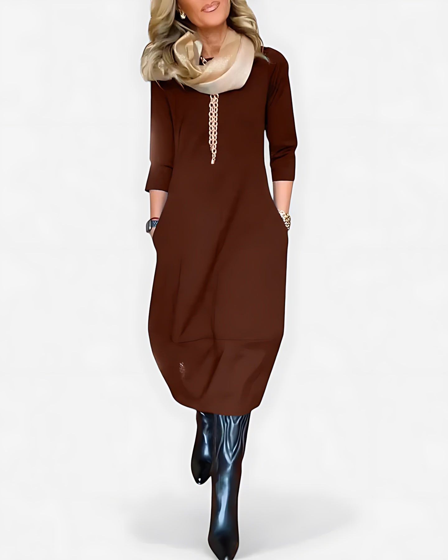 Gabriella – Round Neck 3/4 Sleeve Shift Midi Dress