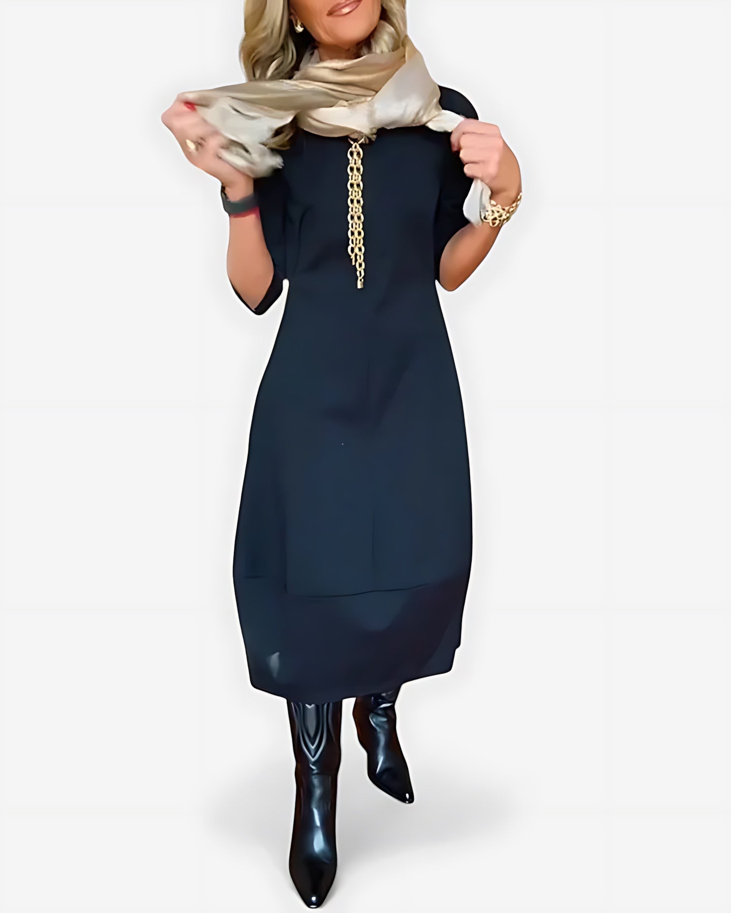 Gabriella – Round Neck 3/4 Sleeve Shift Midi Dress