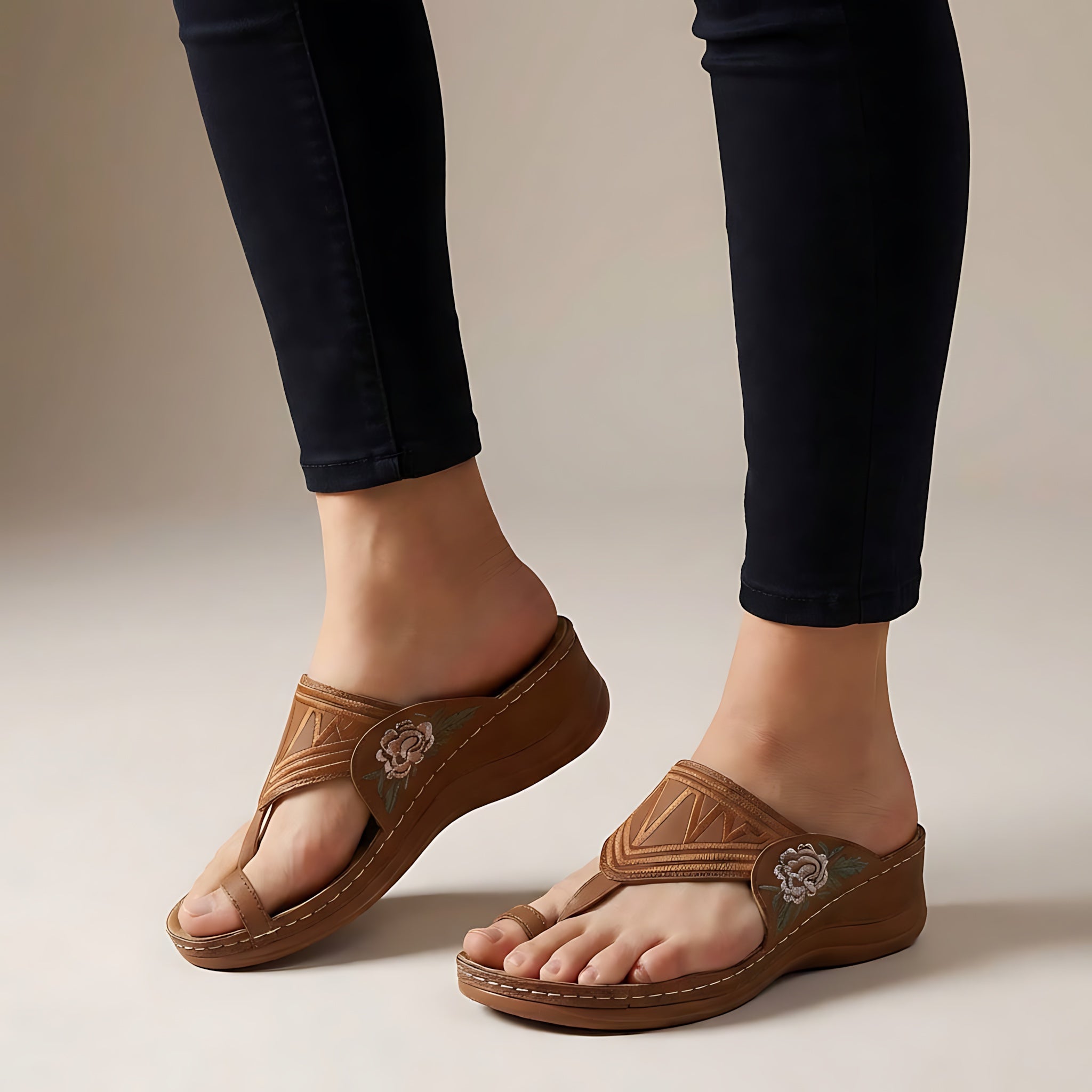 Gemma – Embroidered Thong Low Wedge Sandals