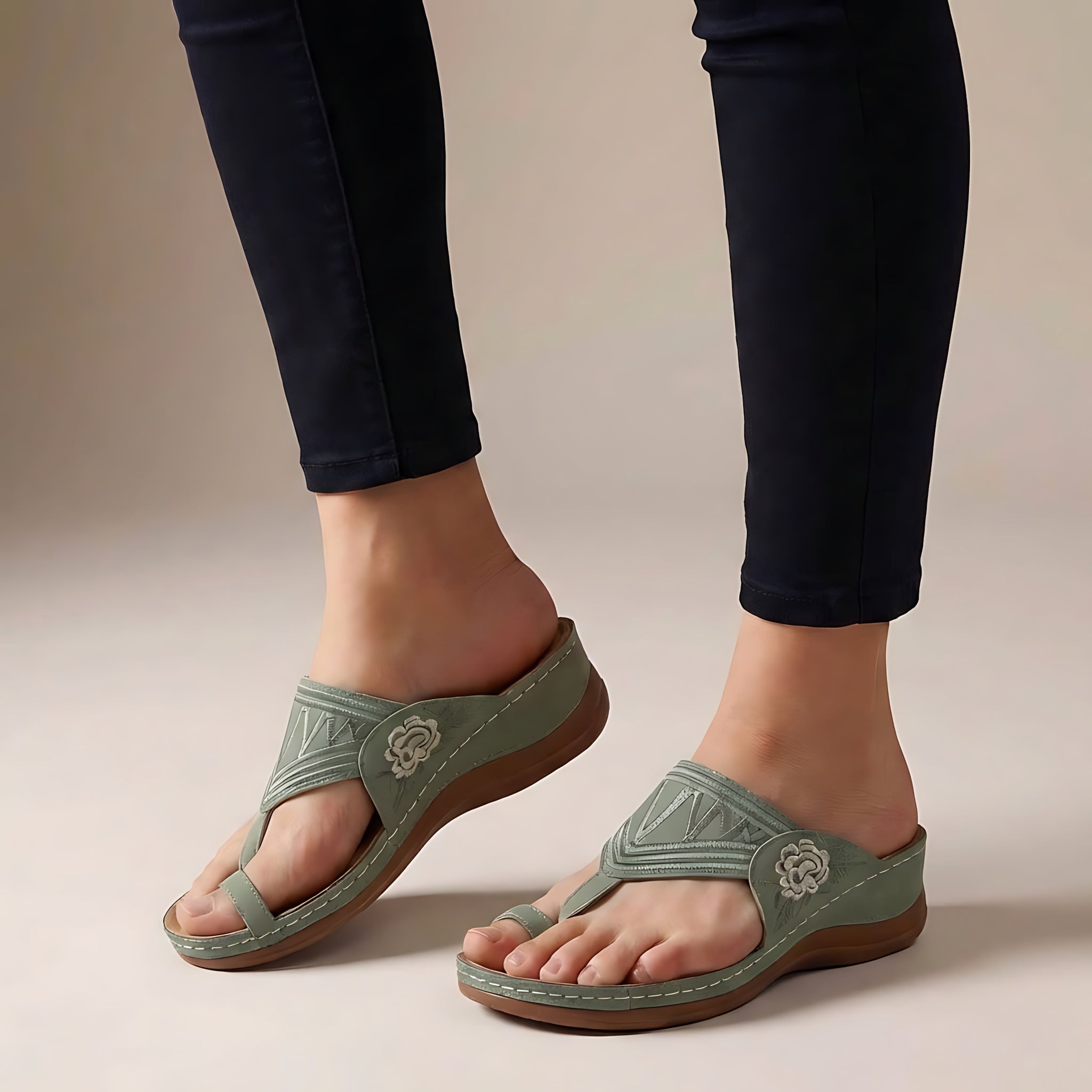 Gemma – Embroidered Thong Low Wedge Sandals