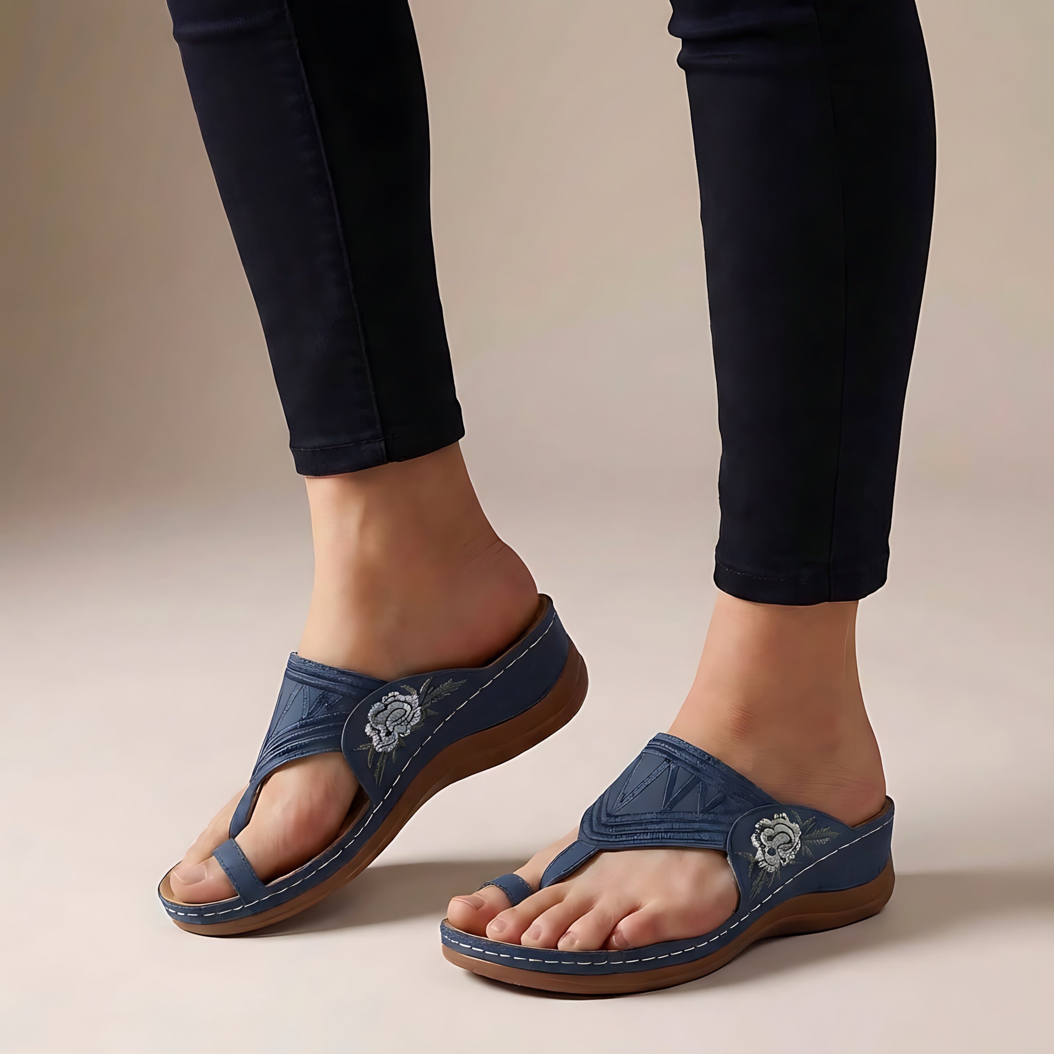 Gemma – Embroidered Thong Low Wedge Sandals