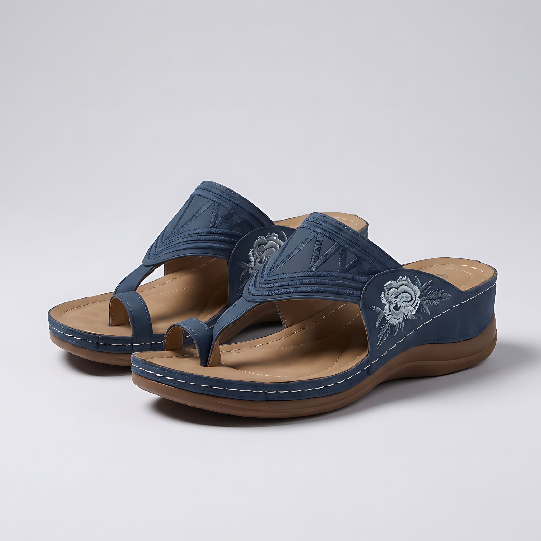 Gemma – Embroidered Thong Low Wedge Sandals