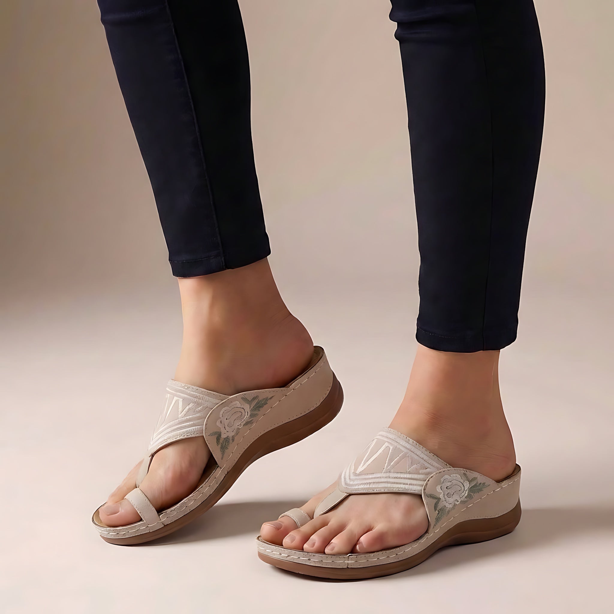 Gemma – Embroidered Thong Low Wedge Sandals