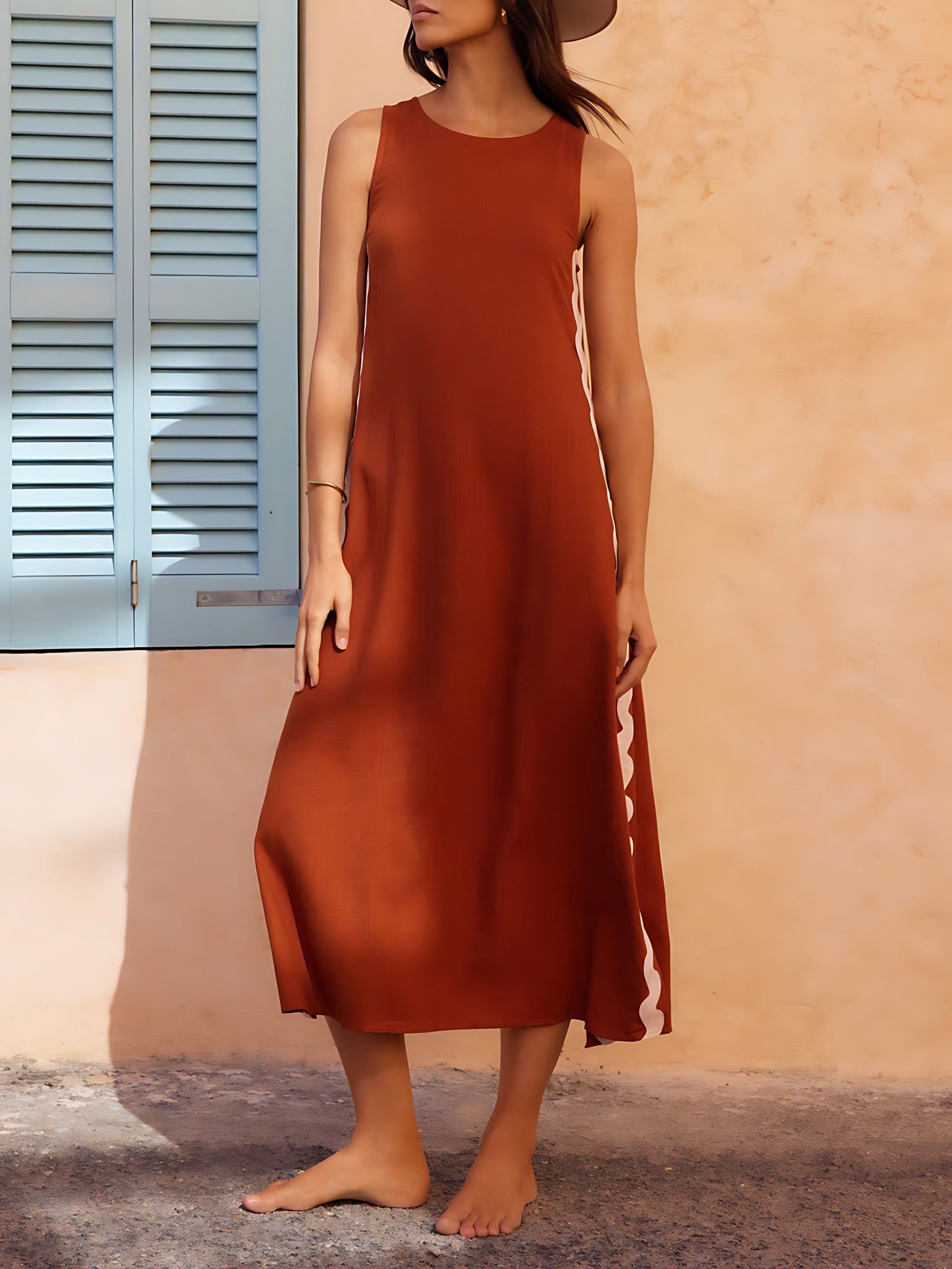 Genesis – Wavy Trim Side Slit Midi Dress