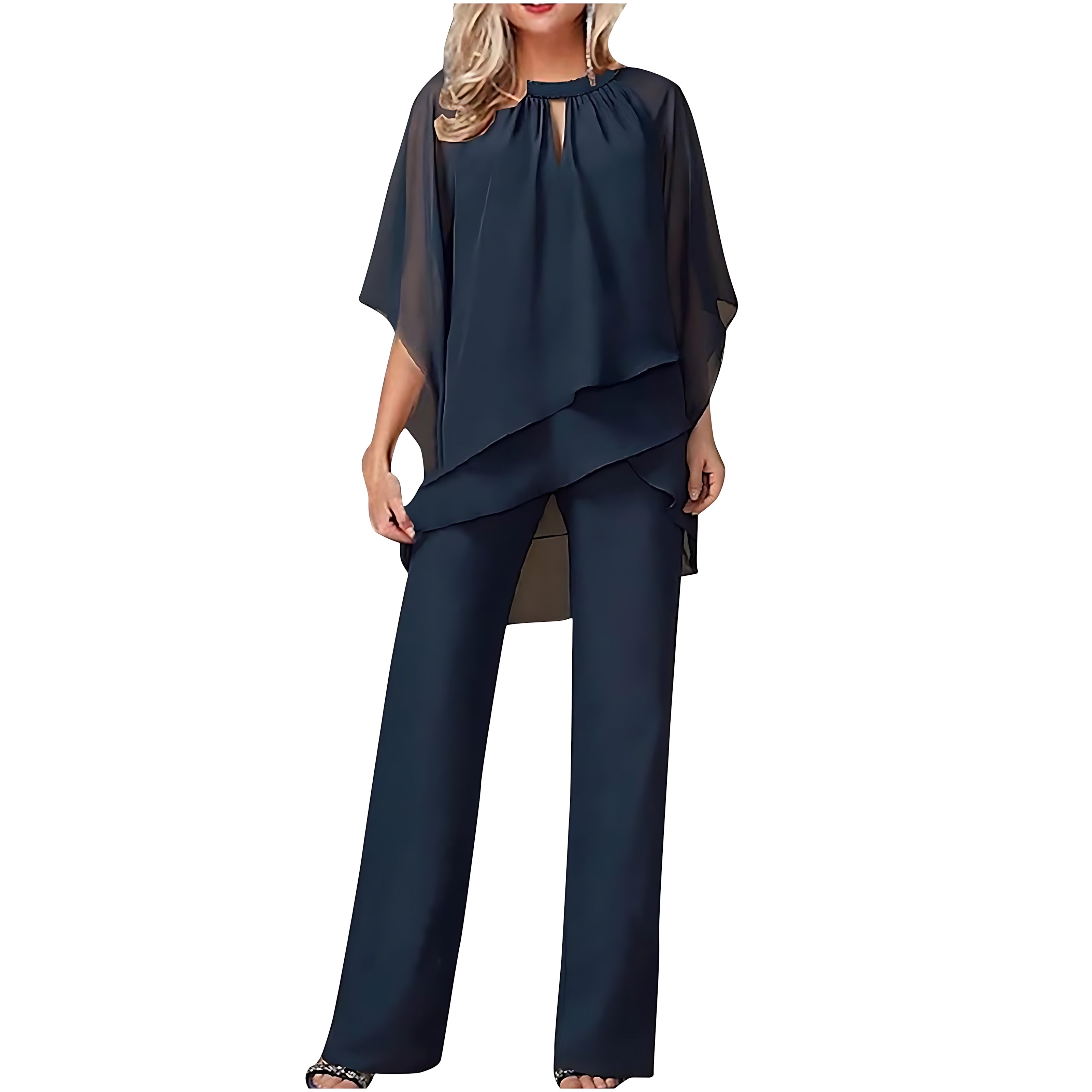 Genevieve – Chiffon Batwing Top And Wide Leg Pants Formal Set