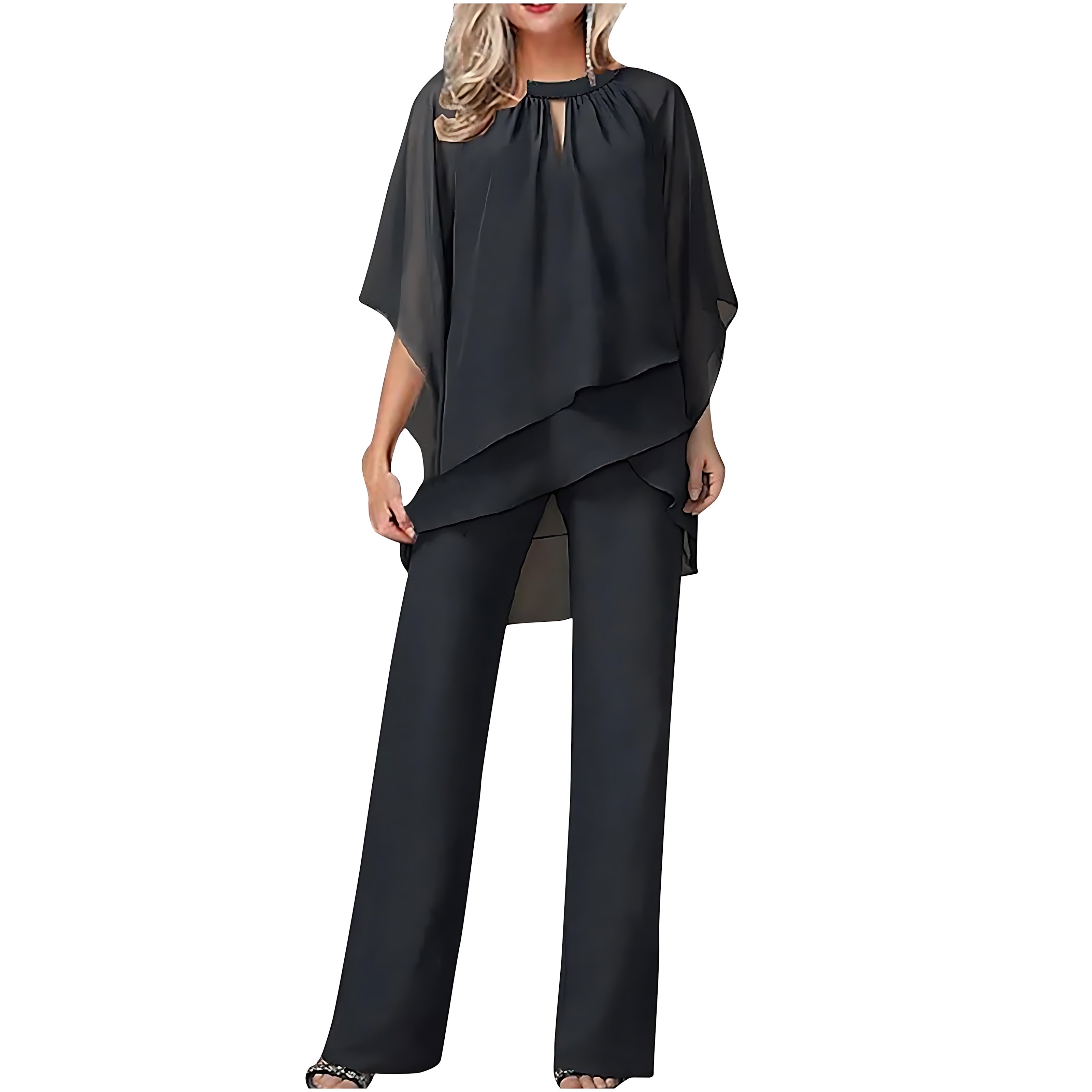 Genevieve – Chiffon Batwing Top And Wide Leg Pants Formal Set