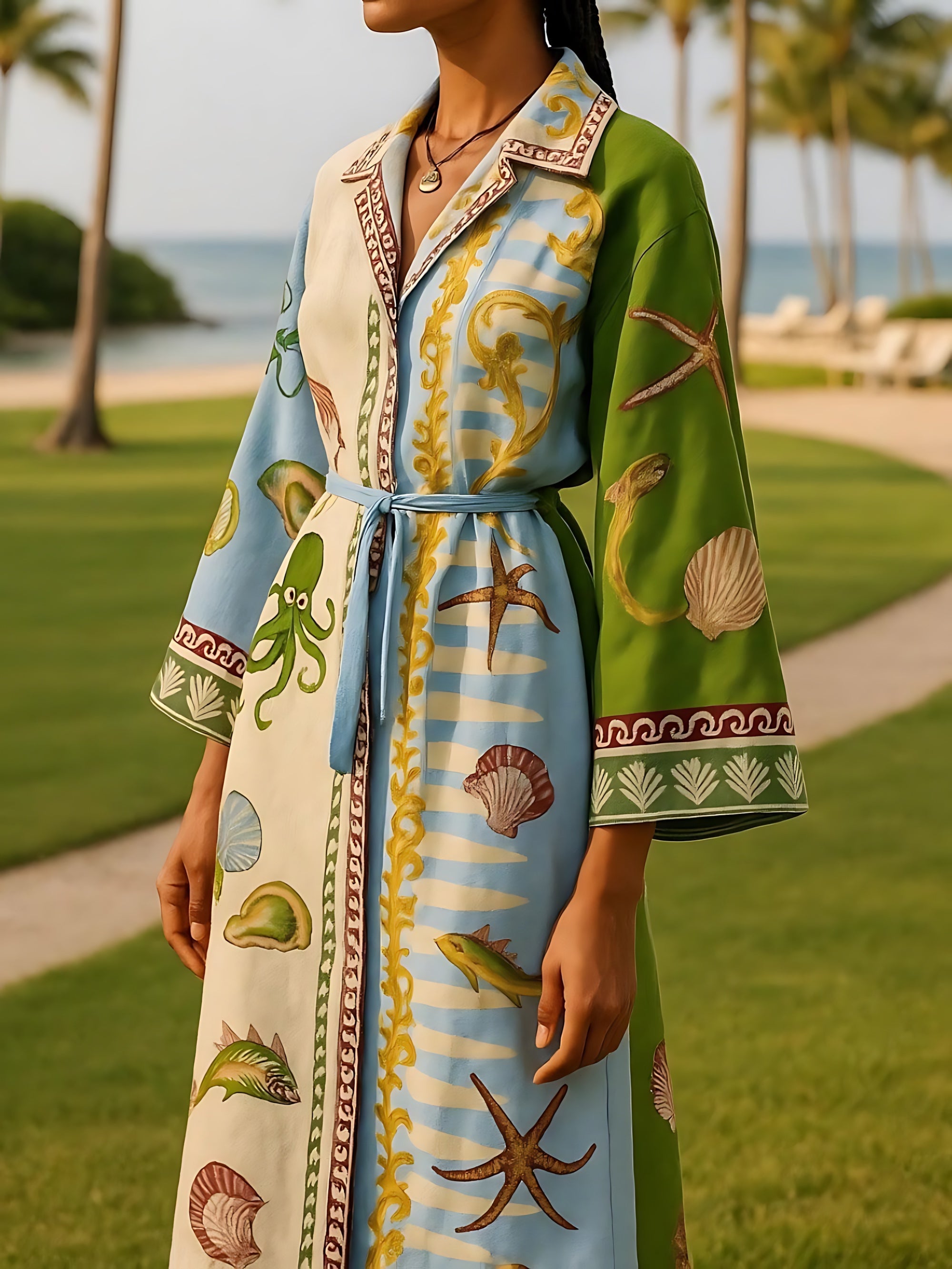 Genevieve – Tropical Print 3/4 Sleeve Midi Shirt Dress