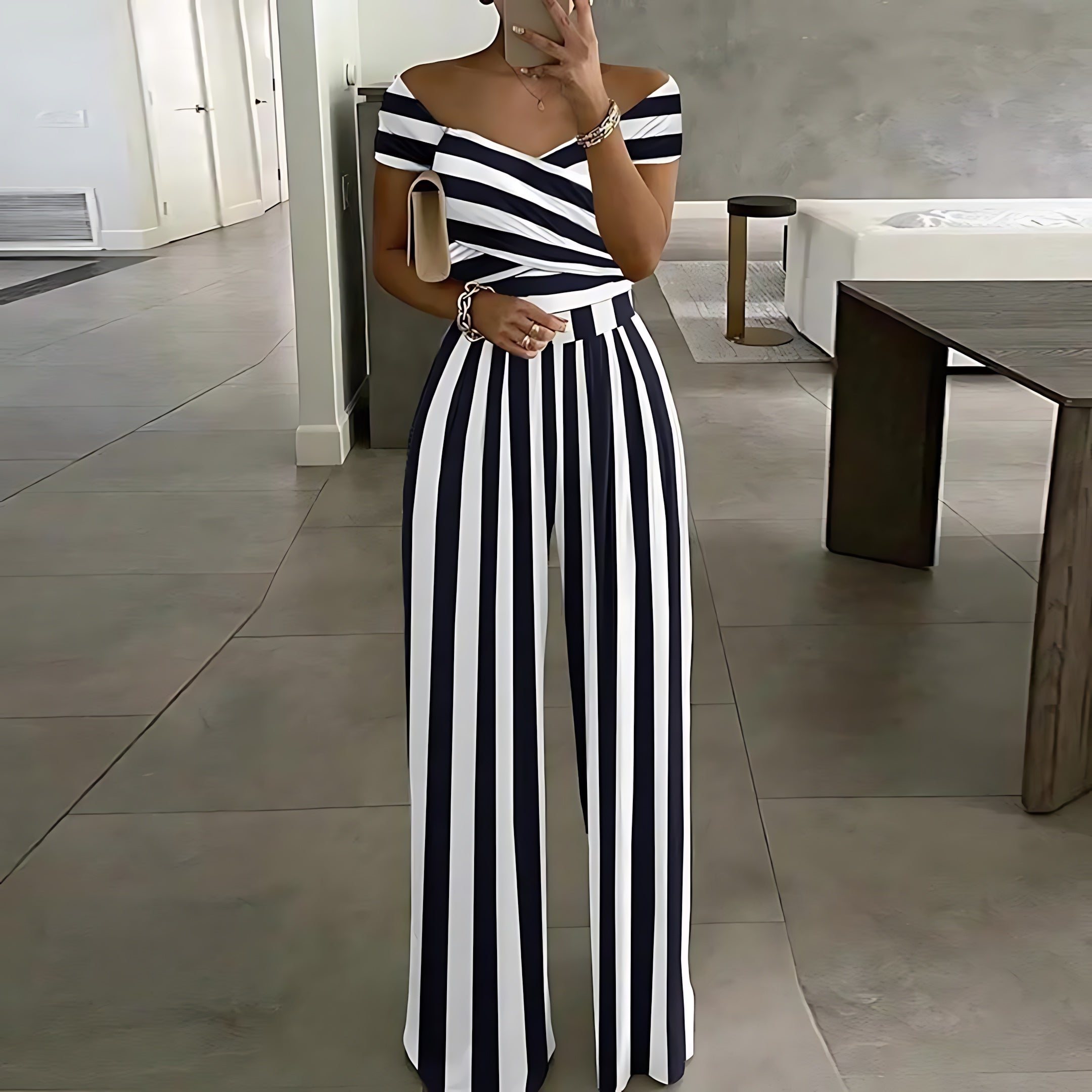 Georgia – Tropical Print Off Shoulder Wide Leg Jumpsuit