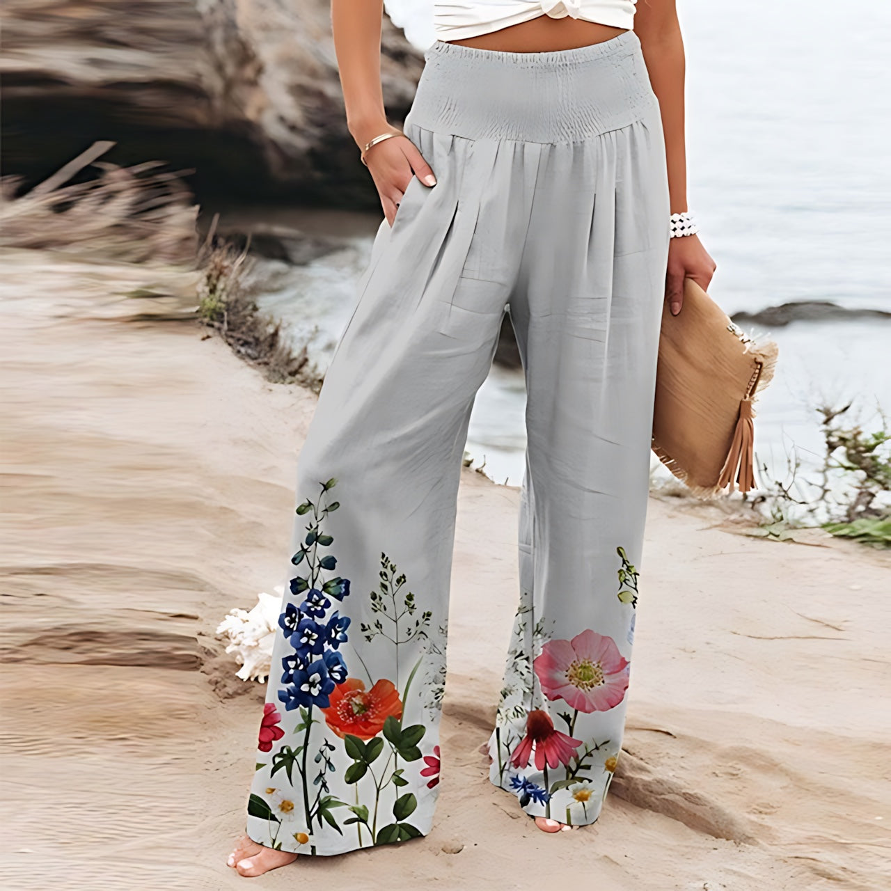 Gianna – Floral Print Smocked Waist Summer Pants