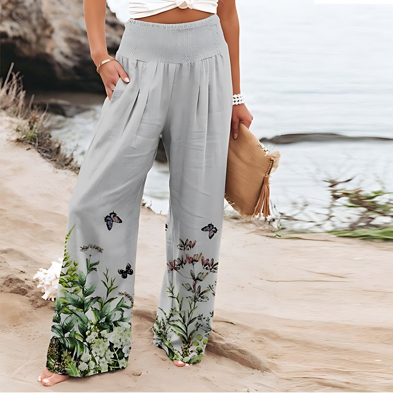 Gianna – Floral Print Smocked Waist Summer Pants