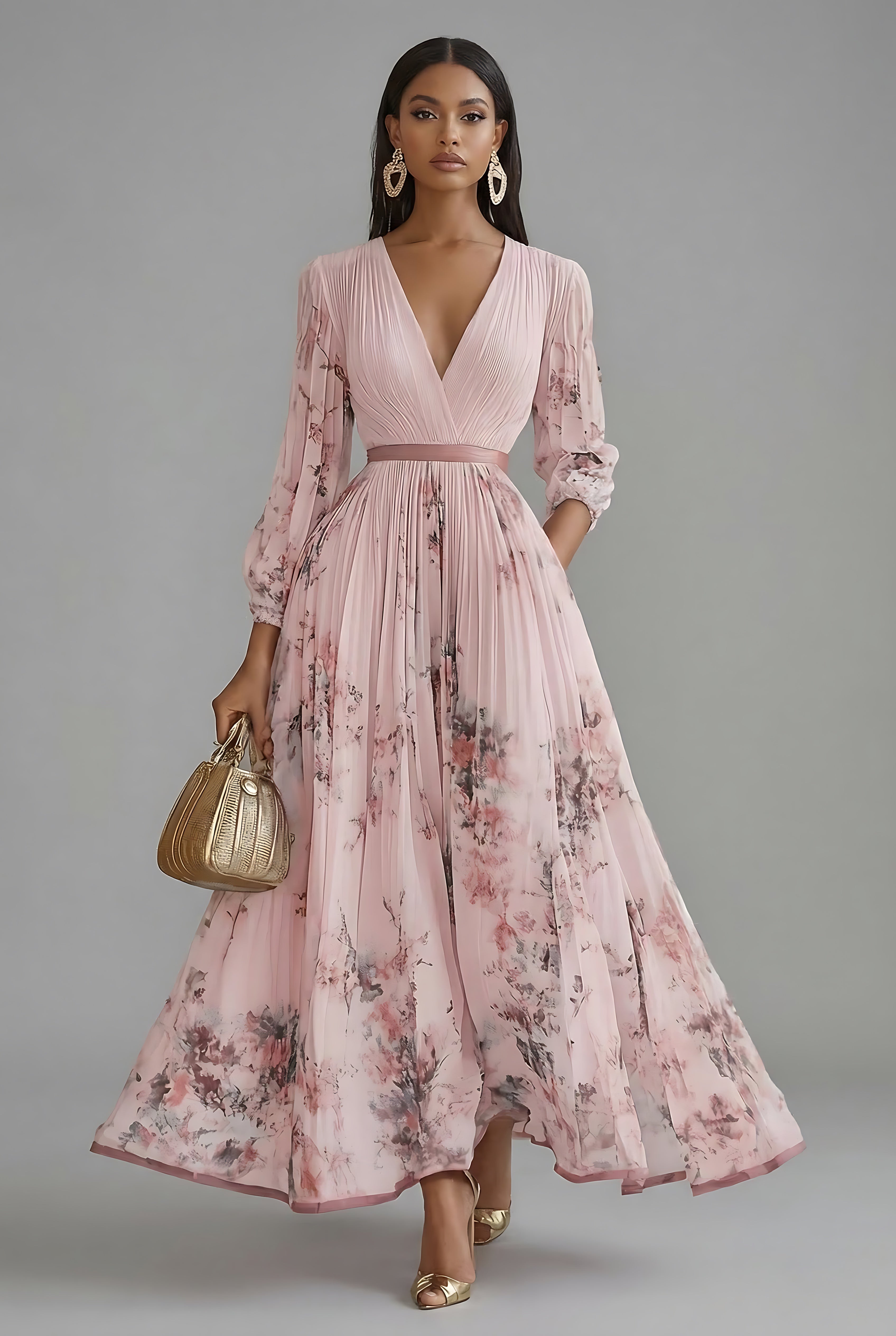 Gianna – Floral Print V Neck Long Sleeve Maxi Dress