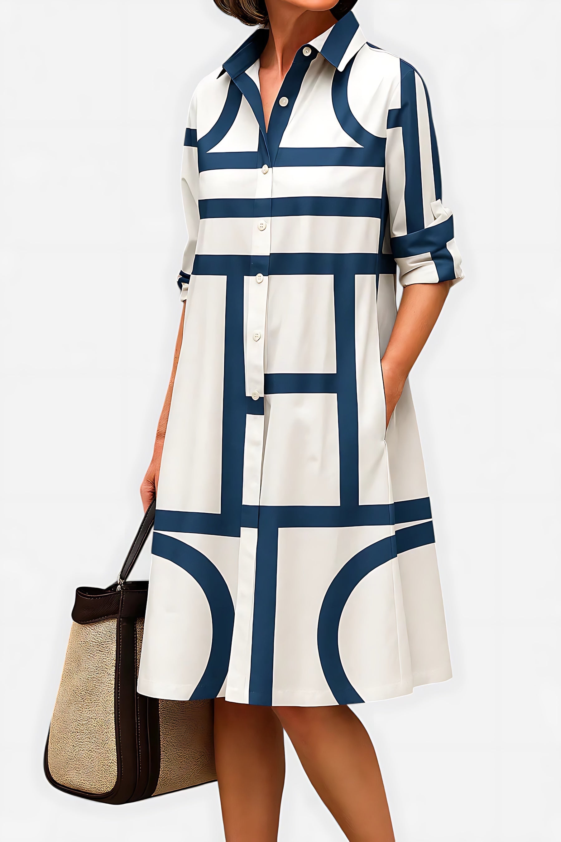 Gianna – Geometric Print Collared Midi Shirt Dress