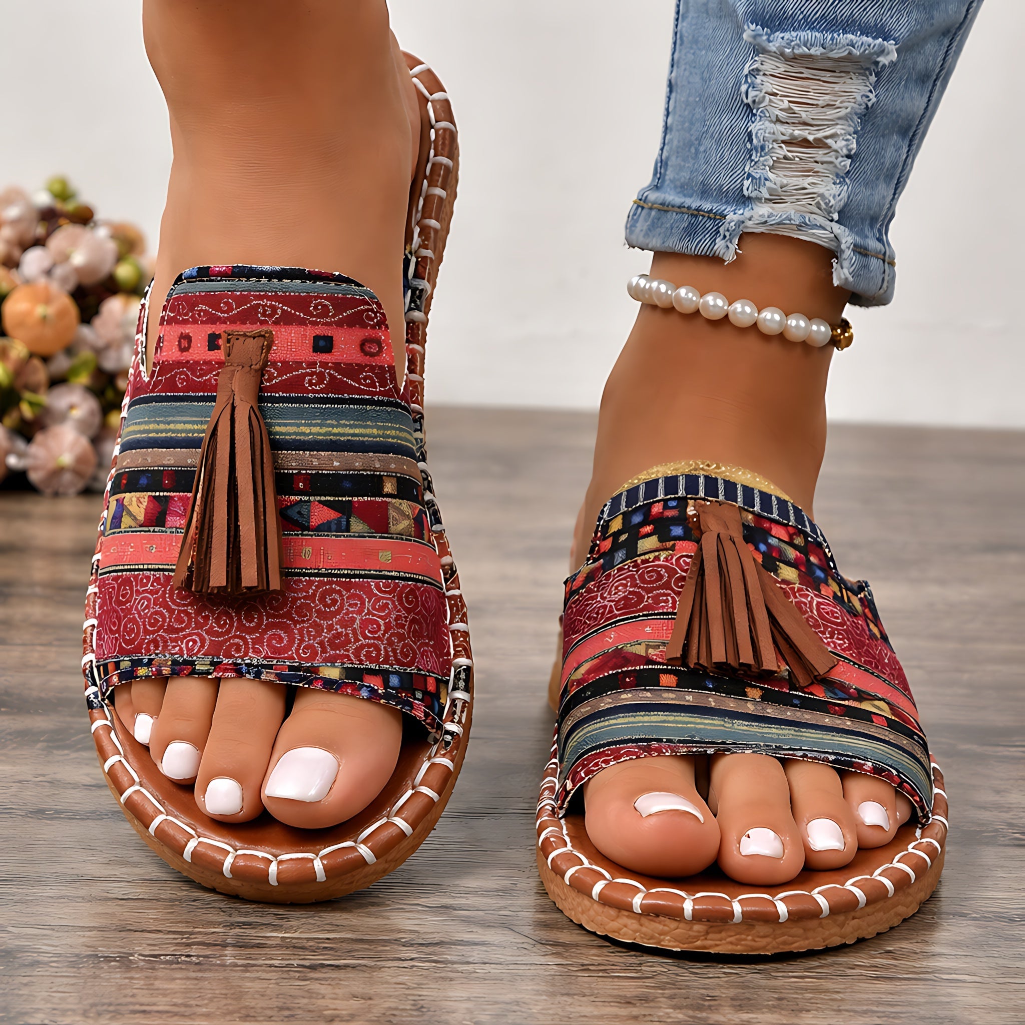 Grace – Boho Embroidered Tassel Slide Sandals