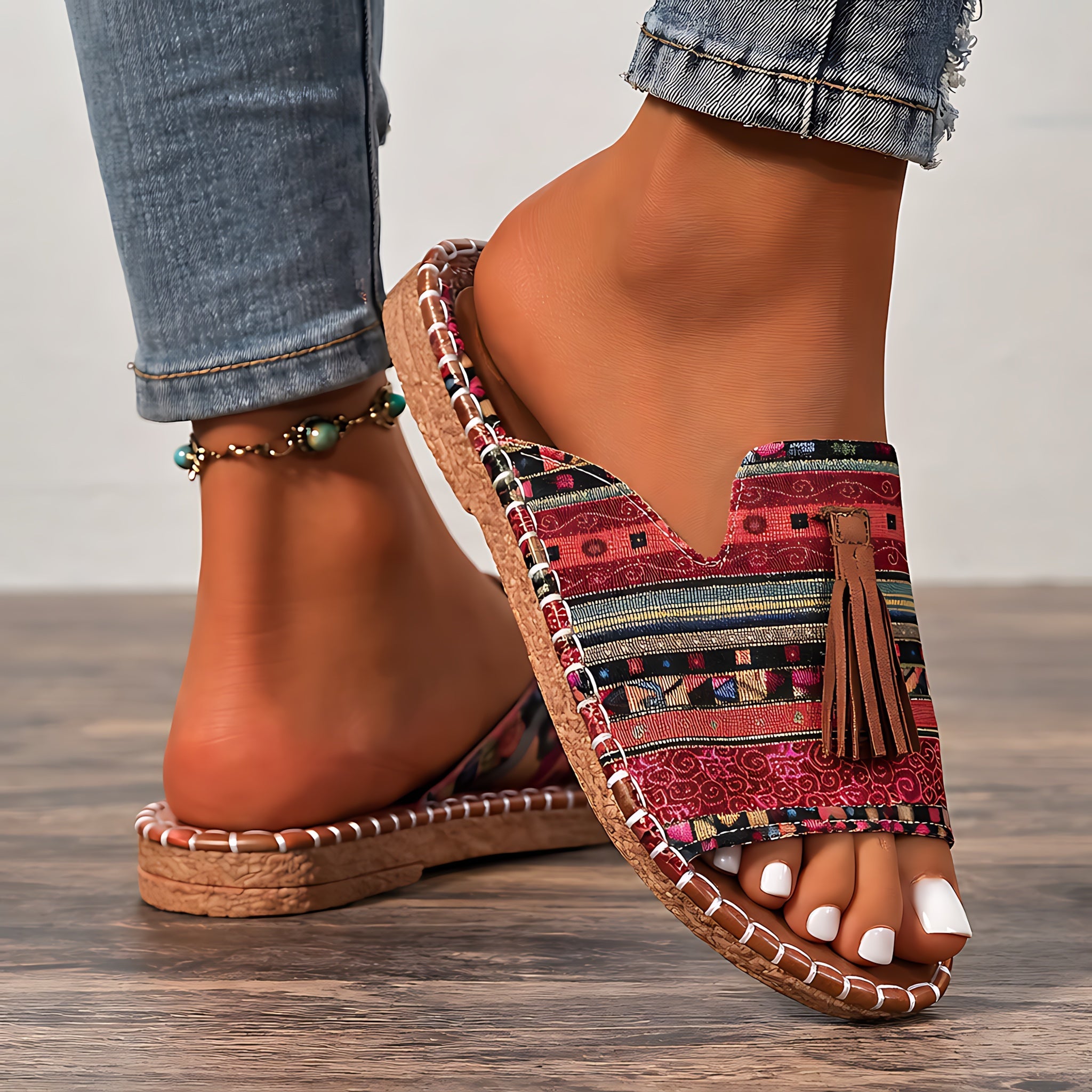 Grace – Boho Embroidered Tassel Slide Sandals