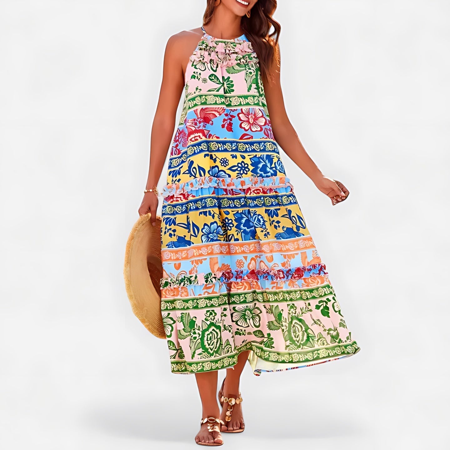 Grace – Boho Print Halter Tiered Midi Dress
